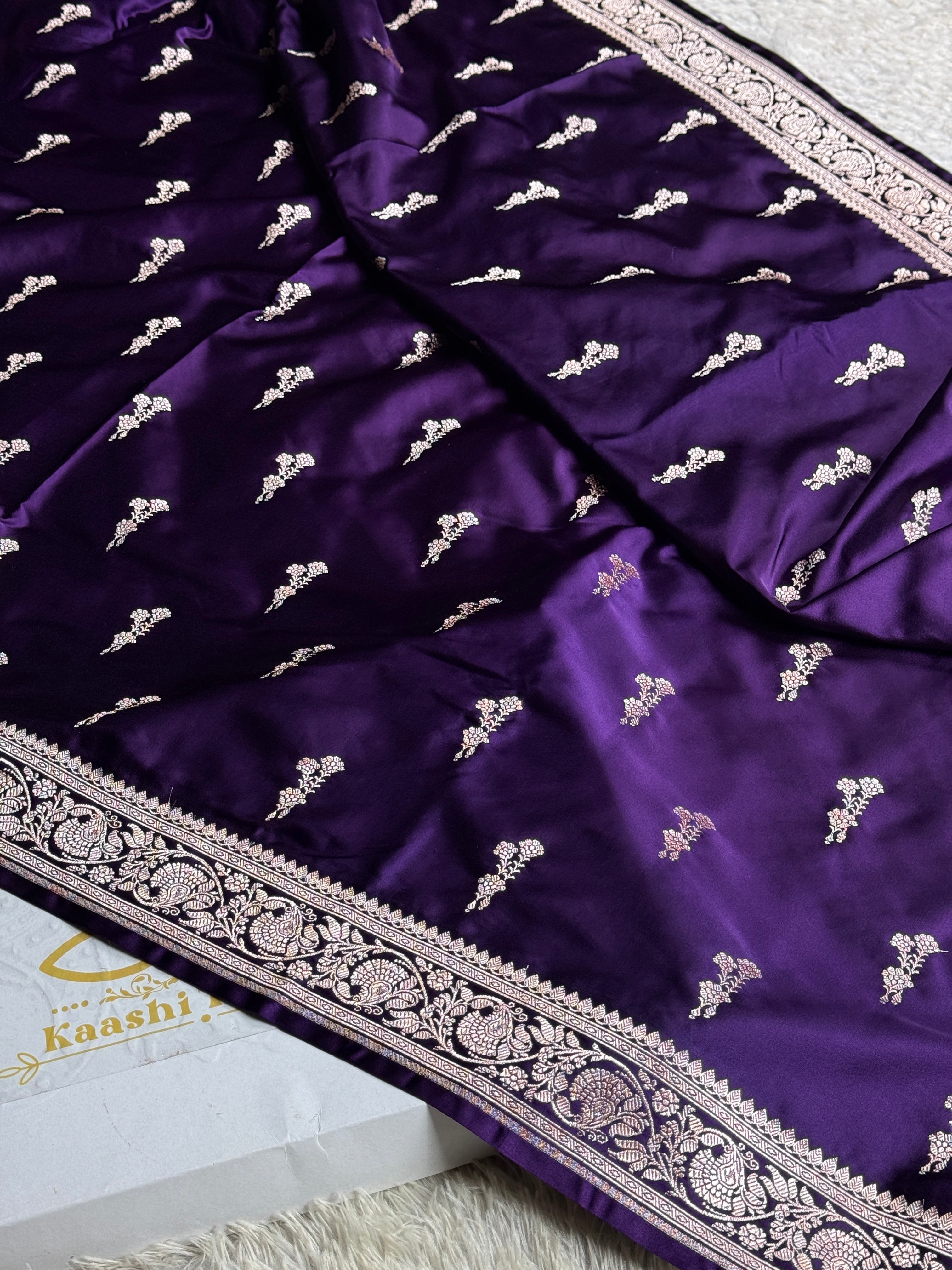 Royal Purple Buta Woven Banarasi Satin Mashru Silk Saree – MKS333 💜✨