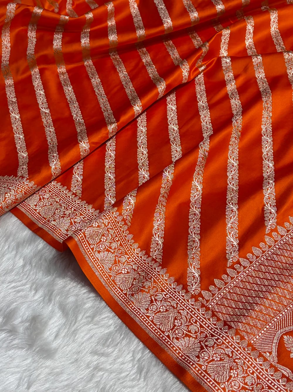 Banarasi Mashru Kataan Silk Saree Featuring Aaddha Zari Weave with Rich Zari Pallu – MKS413