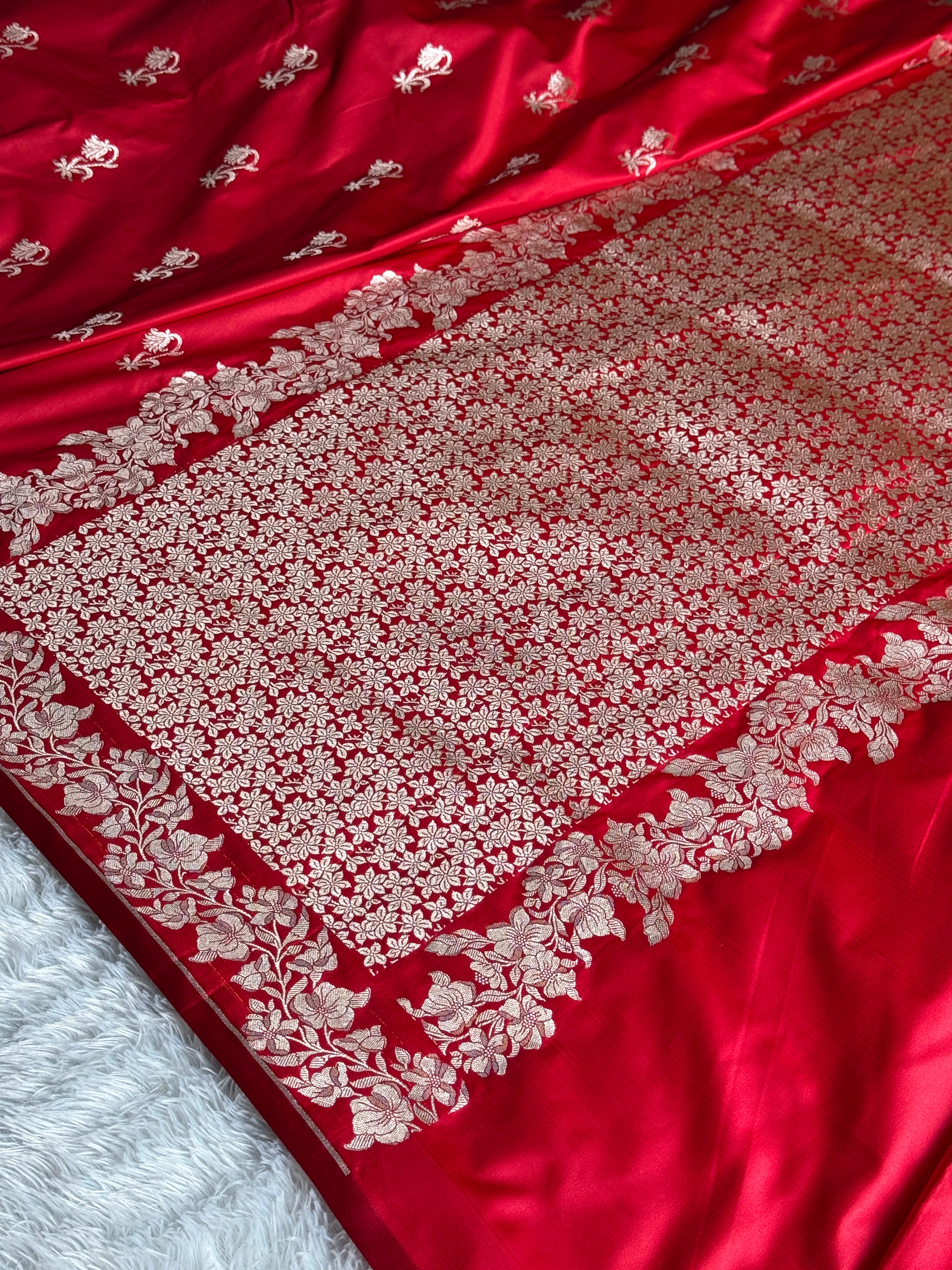 Red Mashru Kataan Silk Banarasi Saree with Buta Woven Design | Kaashi Threads (MKS522)