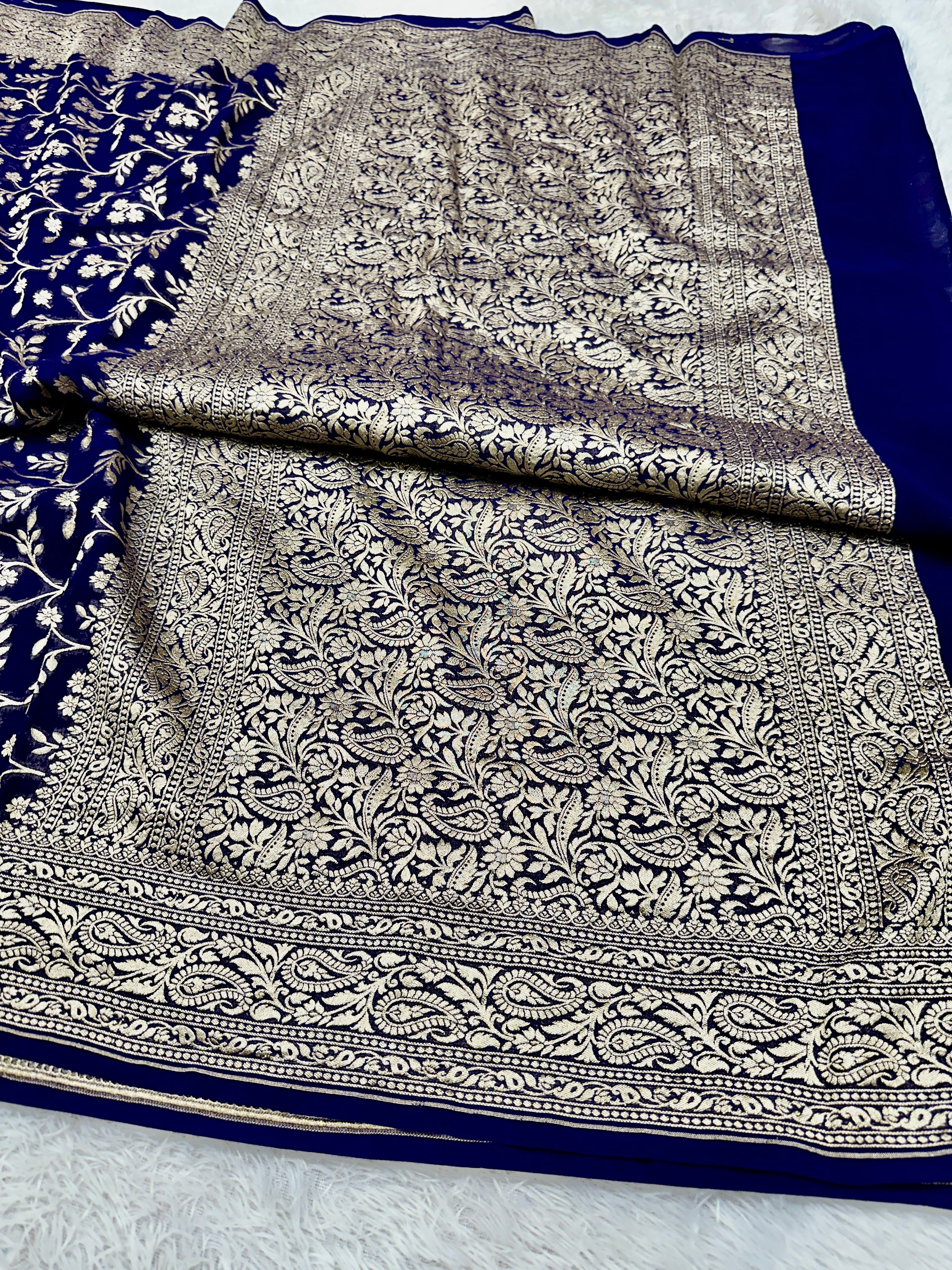 Pure Natural Silk Khaddi Georgette Saree – Blue | Jaal Woven Design VSG11