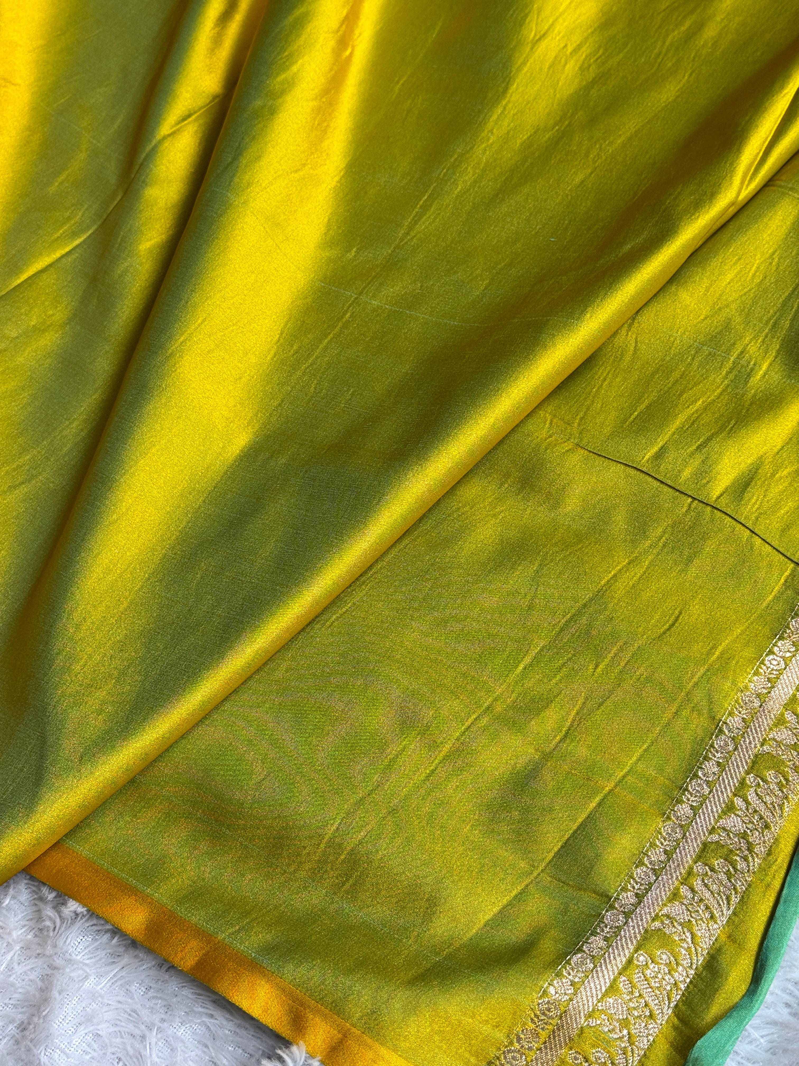 Mehandi Yellow Dual Shade Mashru Kataan Silk Saree with Mughalai Border | MKS657
