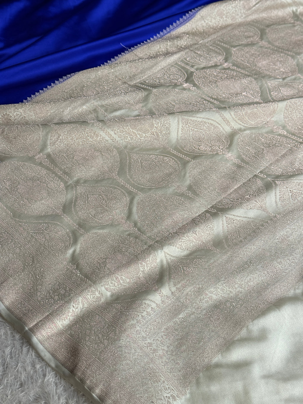 Royal Blue Mashru Kataan Silk Banarasi Saree with Beige Zari Border | MKS74