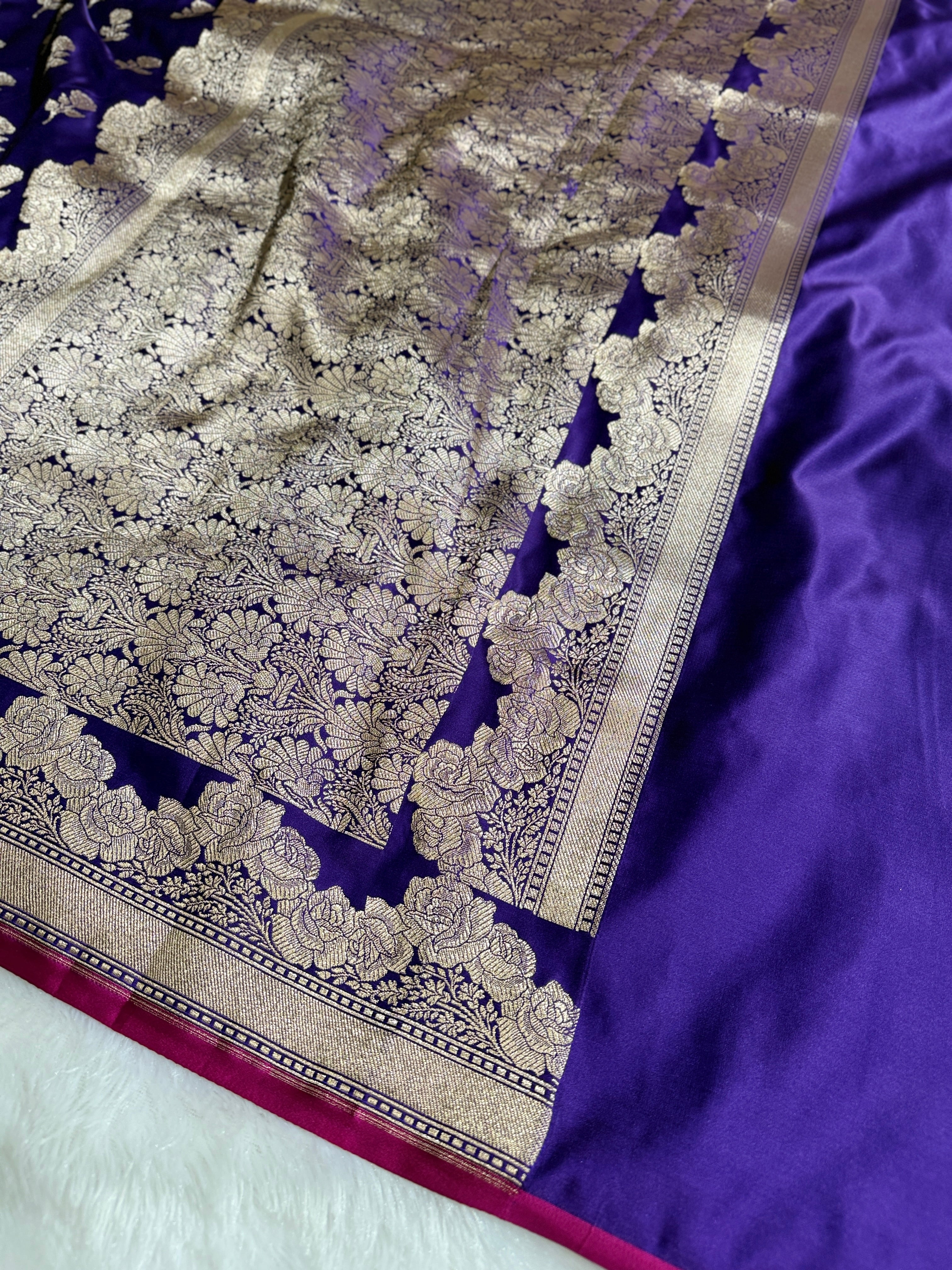 Royal Blue Mashru Kataan Banarasi Saree with Rose Zari Buta Weaving and Rupa-Sona Zari Work MKS087