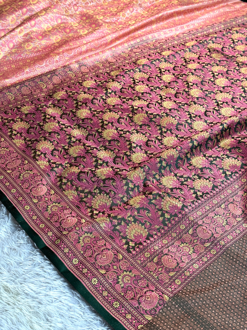 Beige with Green Banarasi Mashru Silk Saree with Jamawar Woven Design JMW11