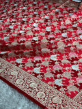 Cherish Red Mashru Kataan Silk Saree with Rangkaat Jaal Weaving & Silver Zari Meenakari Work | Rich Zari Pallu | MKS622