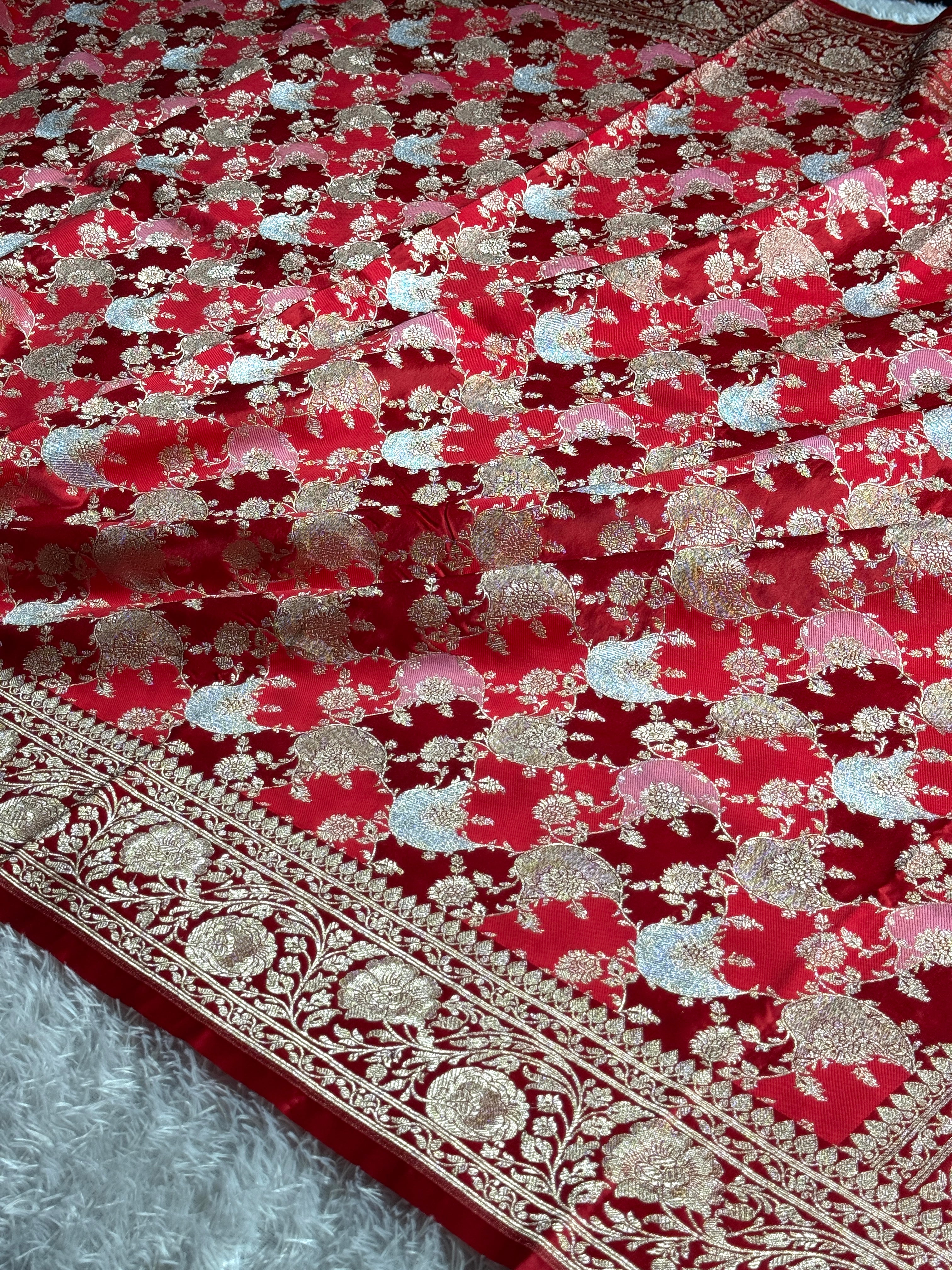 Cherish Red Mashru Kataan Silk Saree with Rangkaat Jaal Weaving & Silver Zari Meenakari Work | Rich Zari Pallu | MKS622