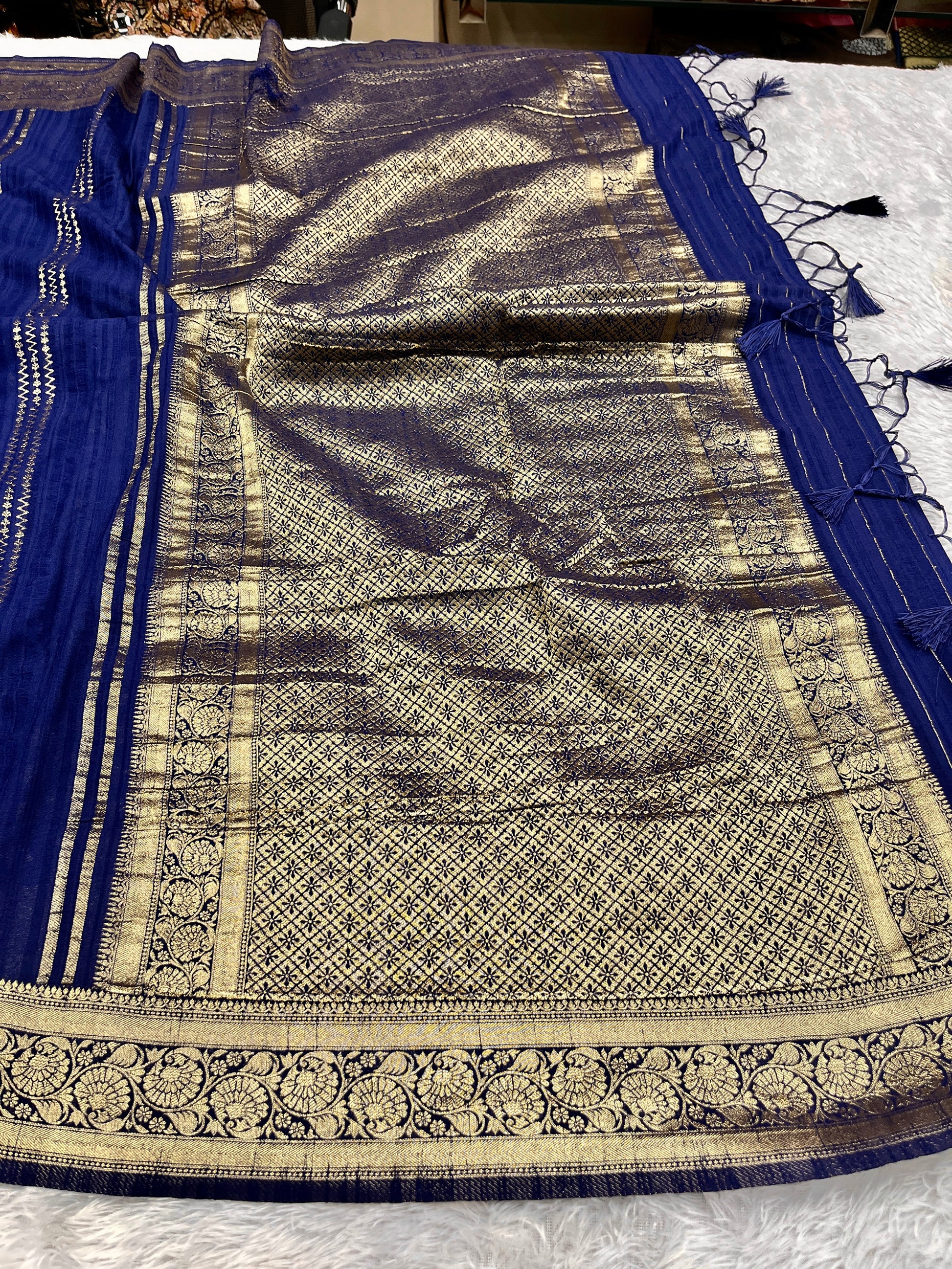 Raw Silk Zari Lining Navy Blue color  Saree RS003