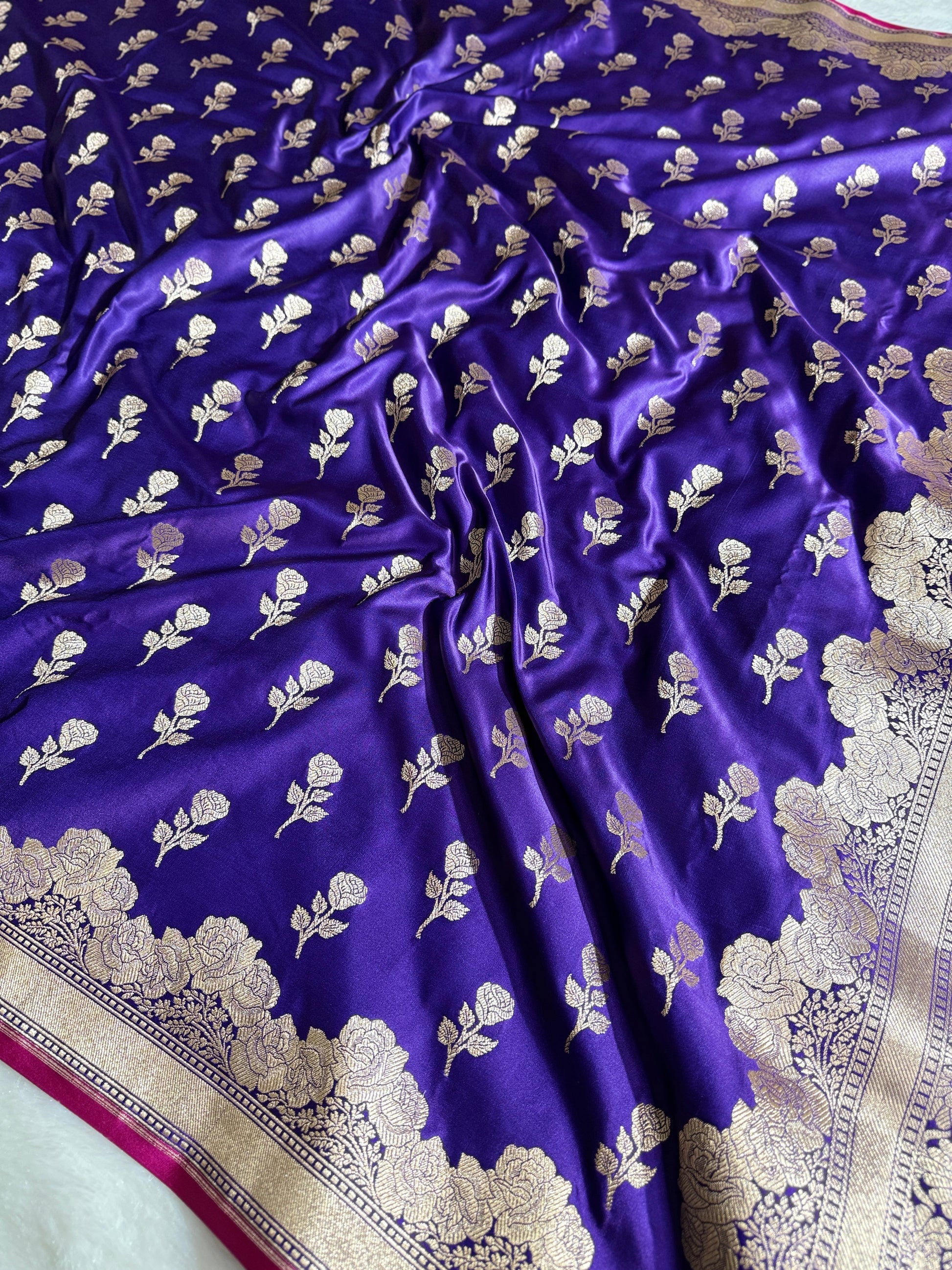 Royal Blue Mashru Kataan Banarasi Saree with Rose Zari Buta Weaving and Rupa-Sona Zari Work MKS087