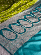 MKS690 – Mehndi & Sea Green Banarasi Mashru Kataan Silk Saree with Buta Woven Design