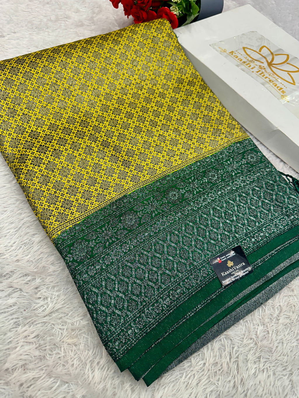 STF44 – Radiant Lemon Yellow Dupion Saree with Silver-Black Antique Zari Weaving
