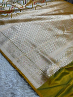 Mehndi Yellow Banarasi Mashru Silk Saree with Meena Jaal Woven Pattern – MKS307