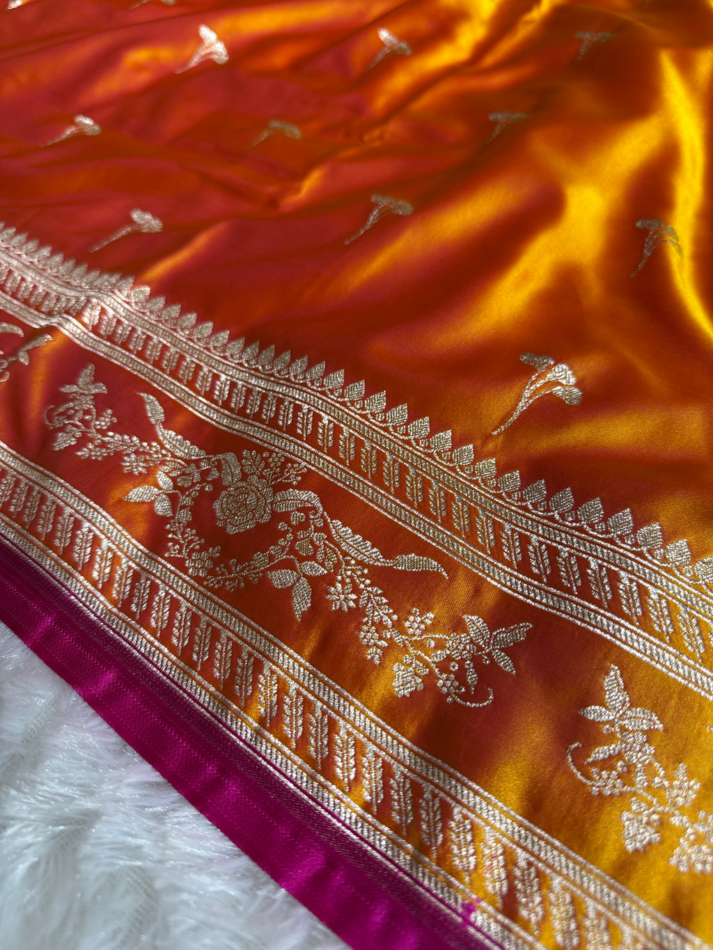 Yellow Banarasi Mashru Silk Saree with Jacquard Woven Floral Buta & Subtle Zari Accents