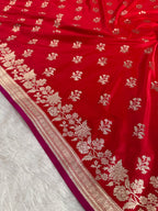 Red Banarasi Mashru Silk Saree with Leaf Buta Jacquard Woven Design MKS096