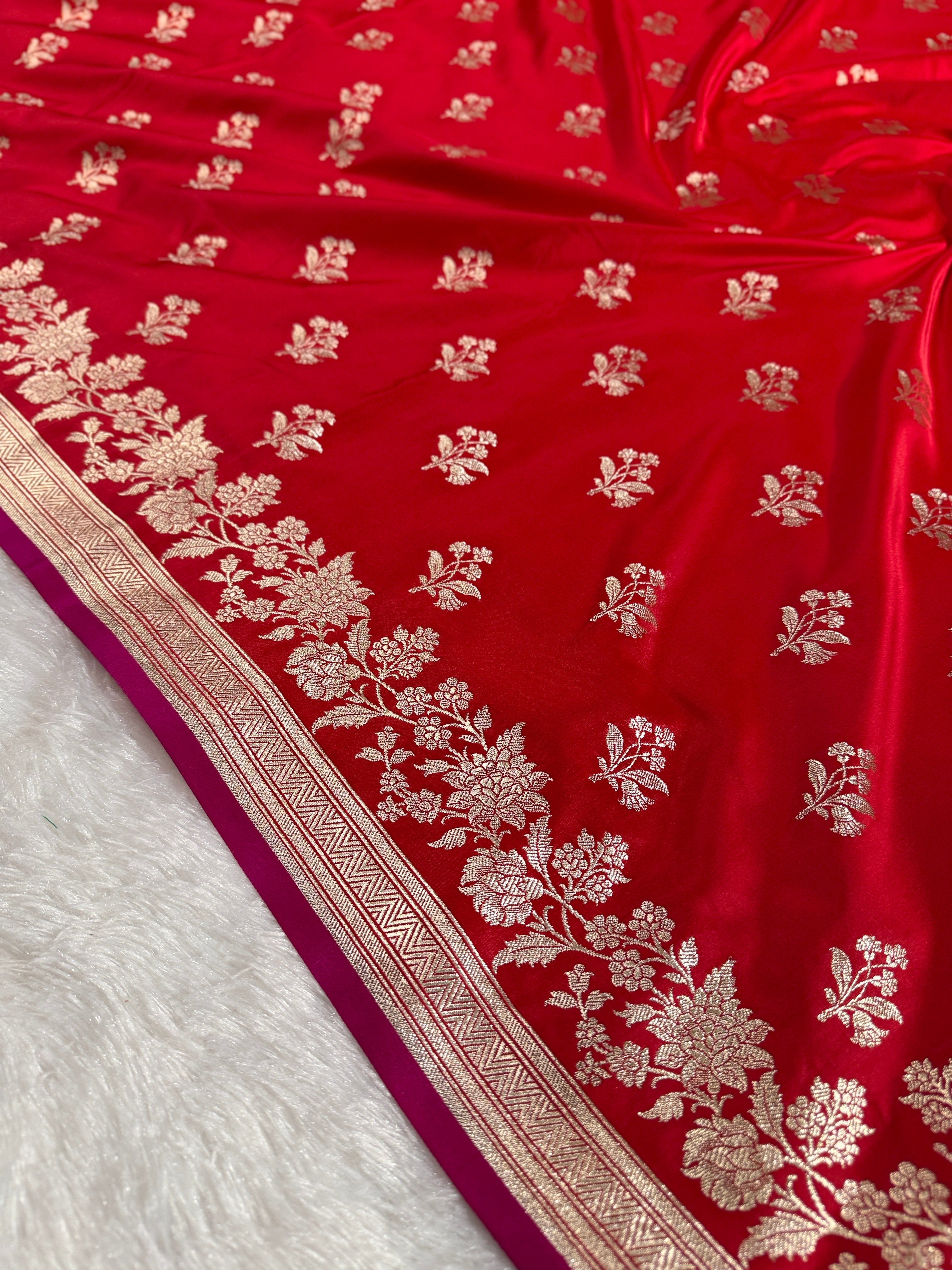 Red Banarasi Mashru Silk Saree with Leaf Buta Jacquard Woven Design MKS096
