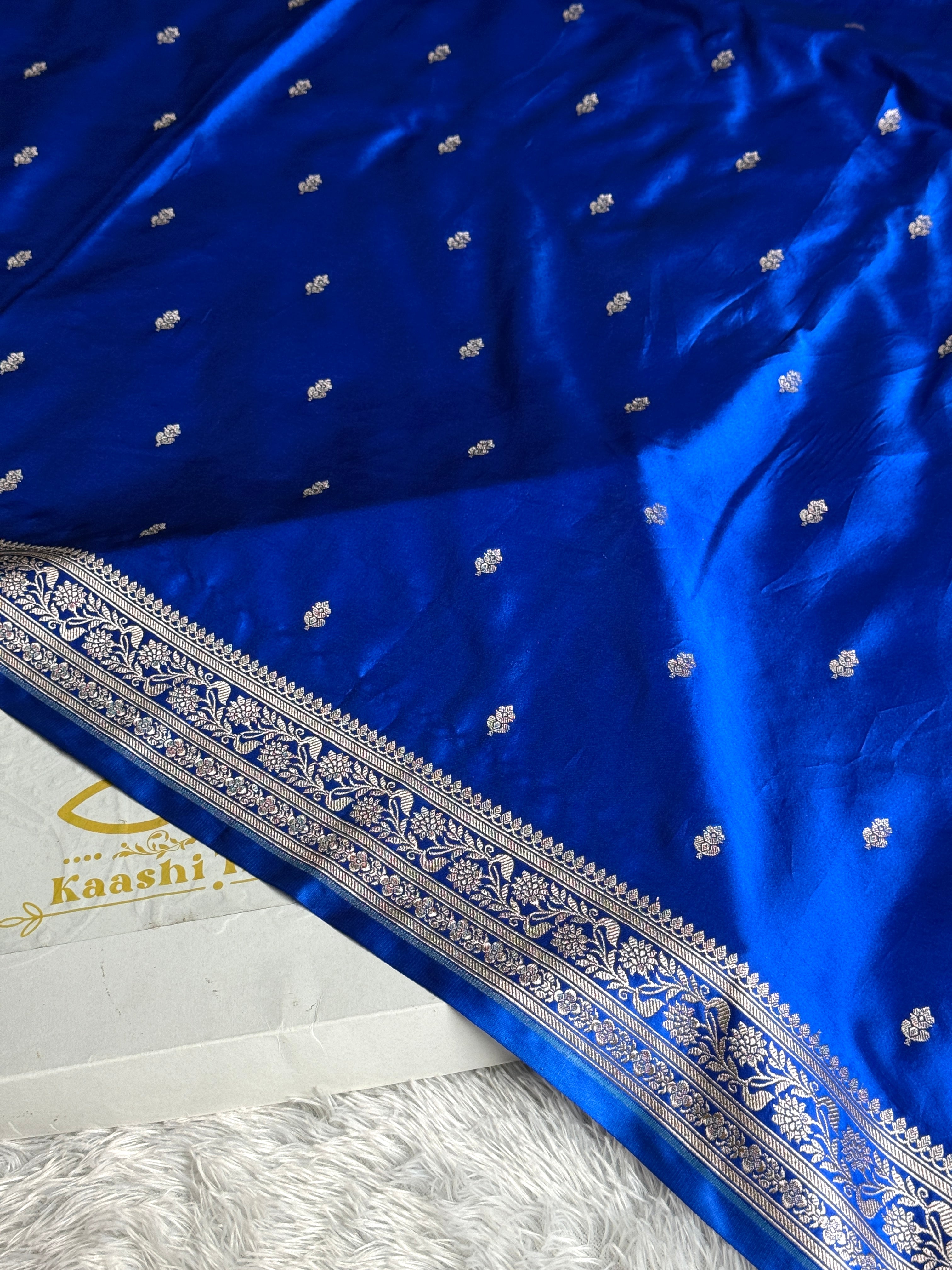 Royal Blue Fancy Buti Banarasi Mashru Silk Saree | Satin Mashru Silk | Kaashi Threads | MKS515
