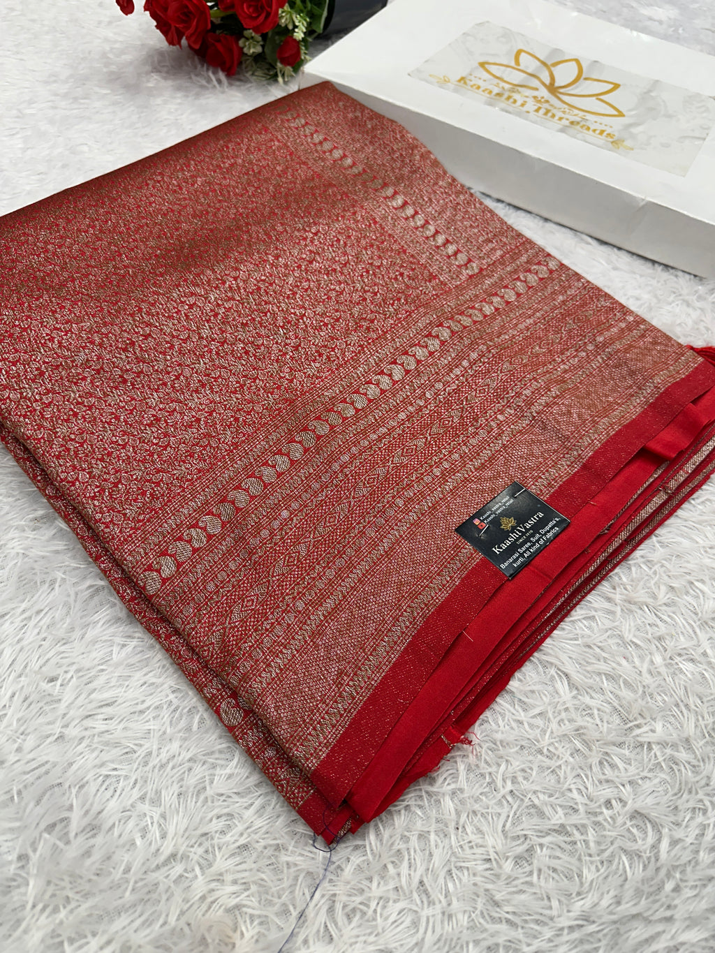 Red Banarasi Dupion Silk Saree with Embossed Antique Zari Weaving & Rich Antique Zari Pallu | STF95