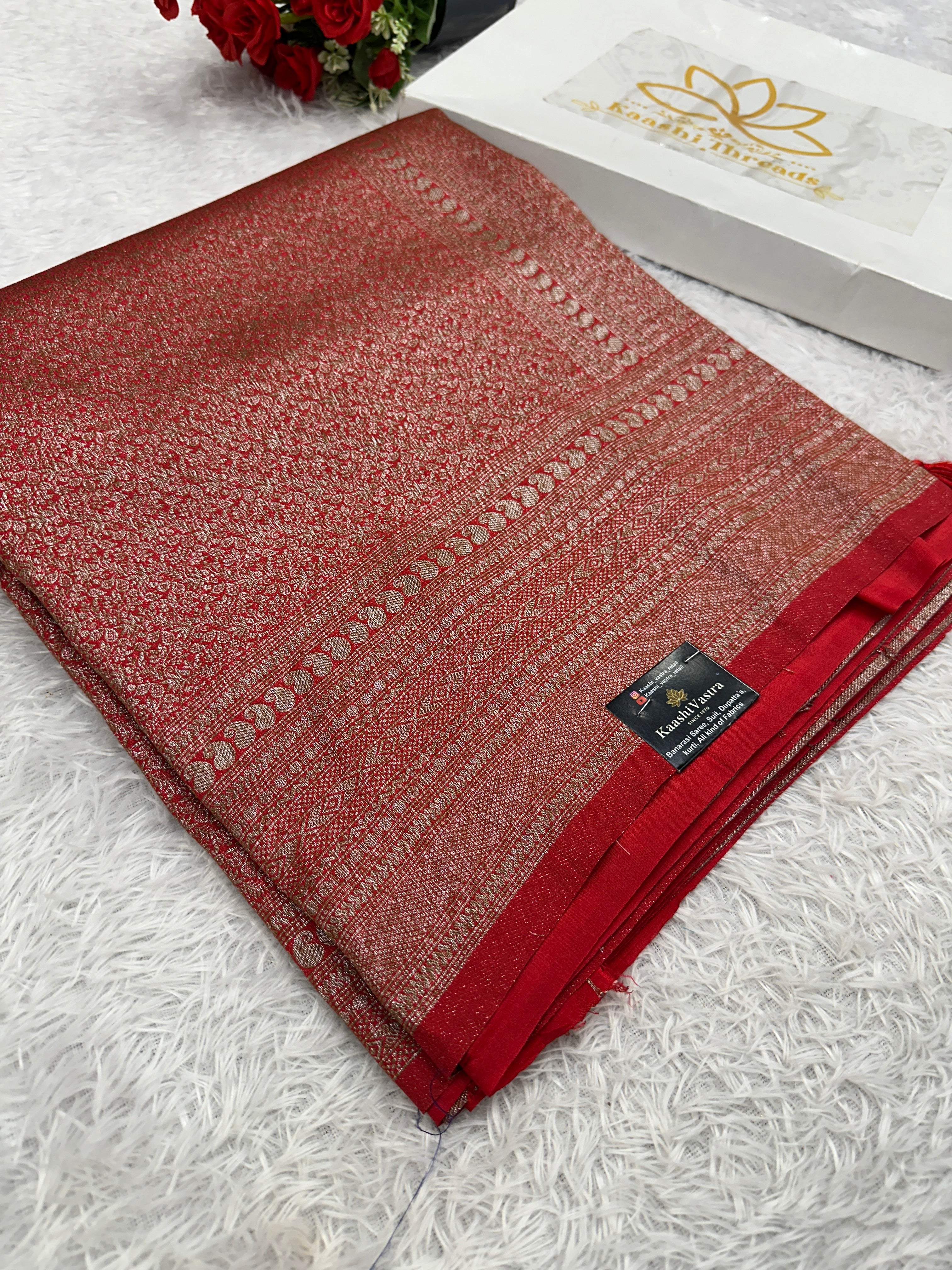 Red Banarasi Dupion Silk Saree with Embossed Antique Zari Weaving & Rich Antique Zari Pallu | STF95
