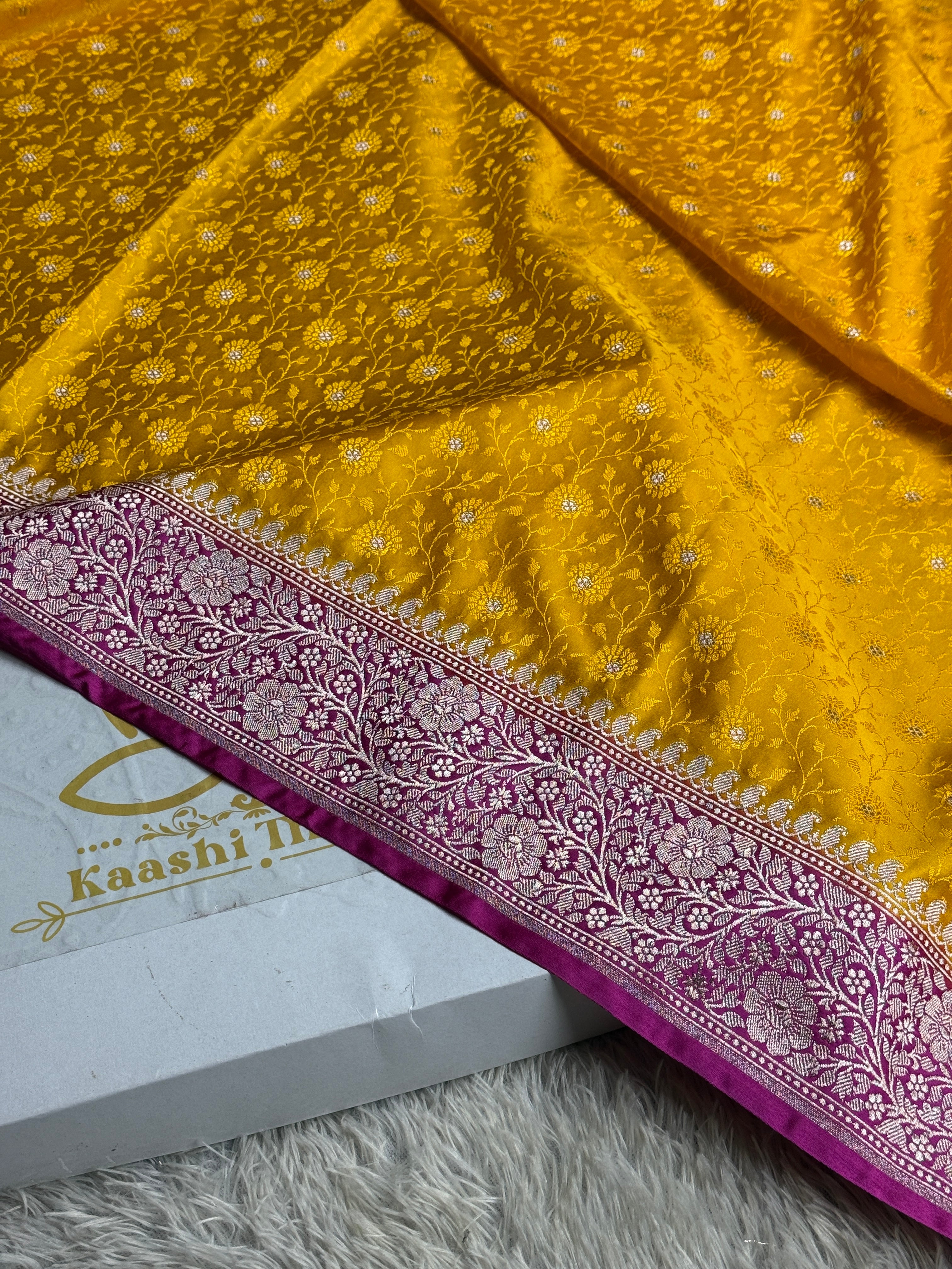Bright Yellow Banarasi Mashru Silk Saree with Rani Contrast and Tanchoi Zari Meena Work MKS213