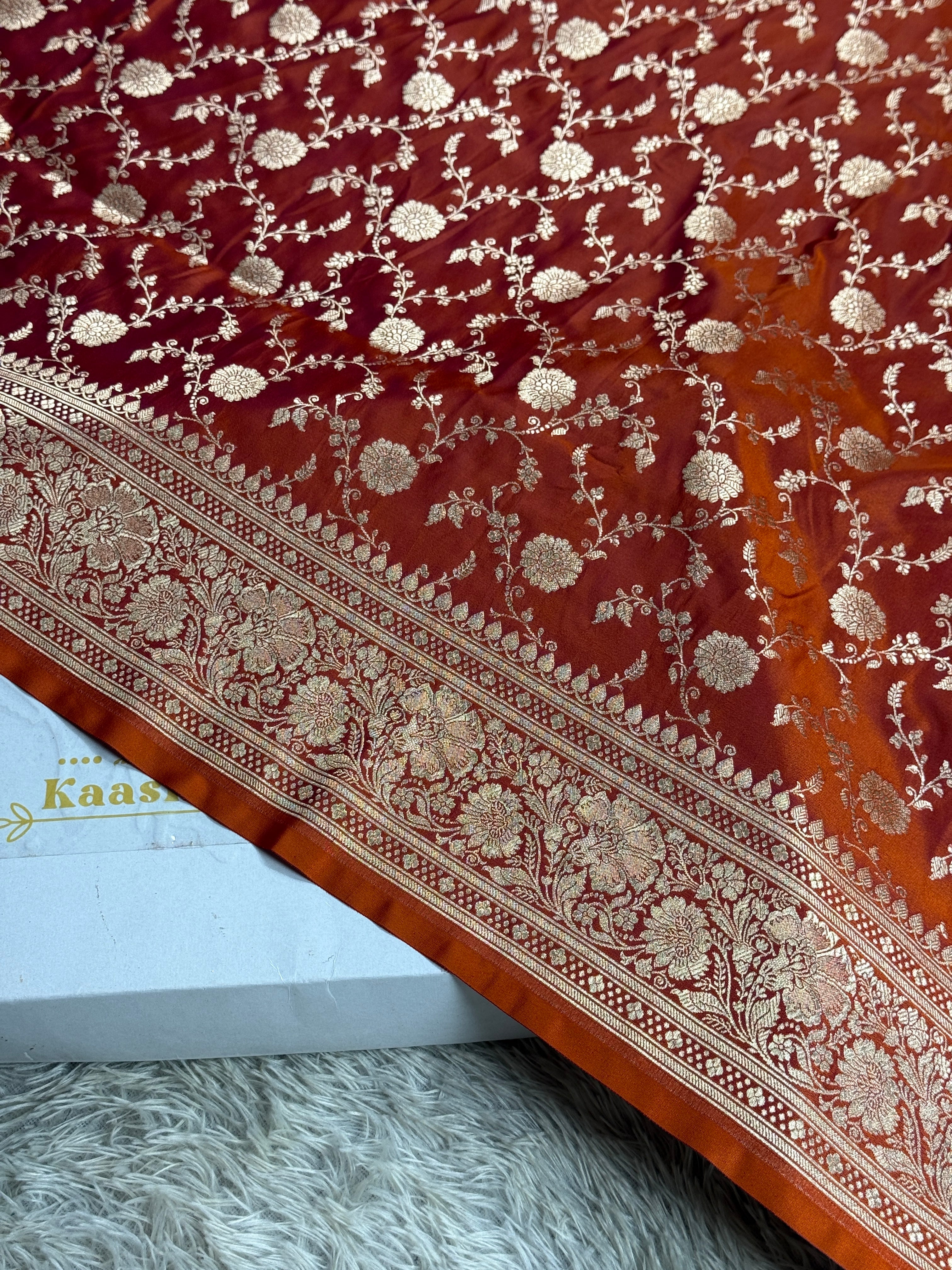 Rust Red Jangla Woven Mashru Kataan Silk Banarasi Saree with Rich Jacquard Pallu – MKS502 | Kaashi Threads