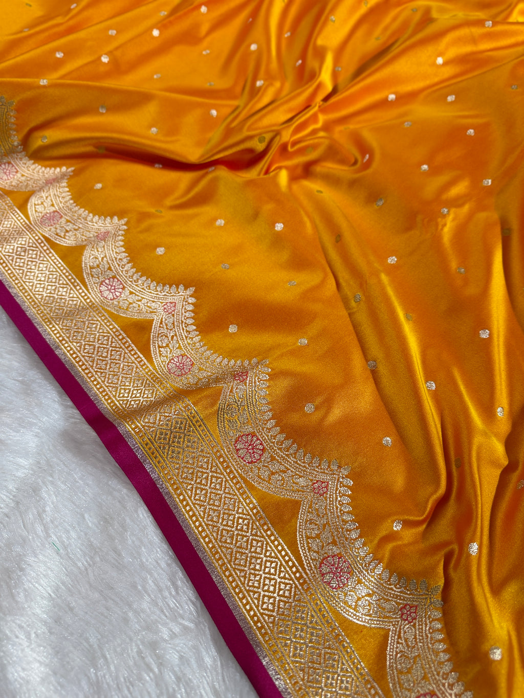 Yellow Banarasi Mashru Silk Saree with Dot Buti Weaving & Fancy Jacquard Border MKS104