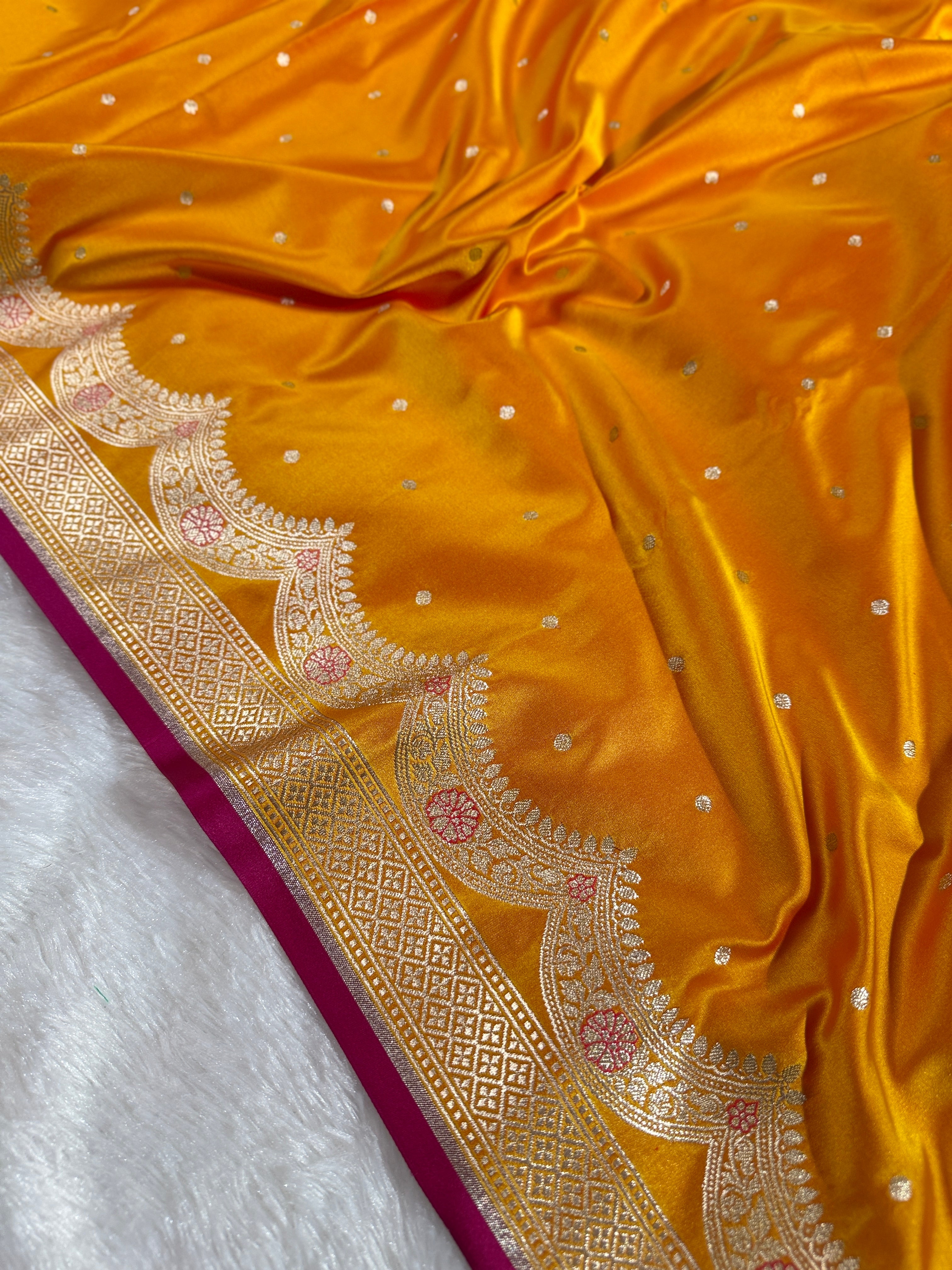 Yellow Banarasi Mashru Silk Saree with Dot Buti Weaving & Fancy Jacquard Border MKS104
