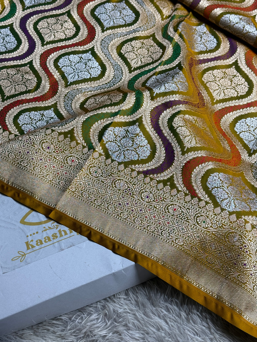 Mehndi Yellow Banarasi Mashru Silk Saree with Meena Jaal Woven Pattern – MKS307
