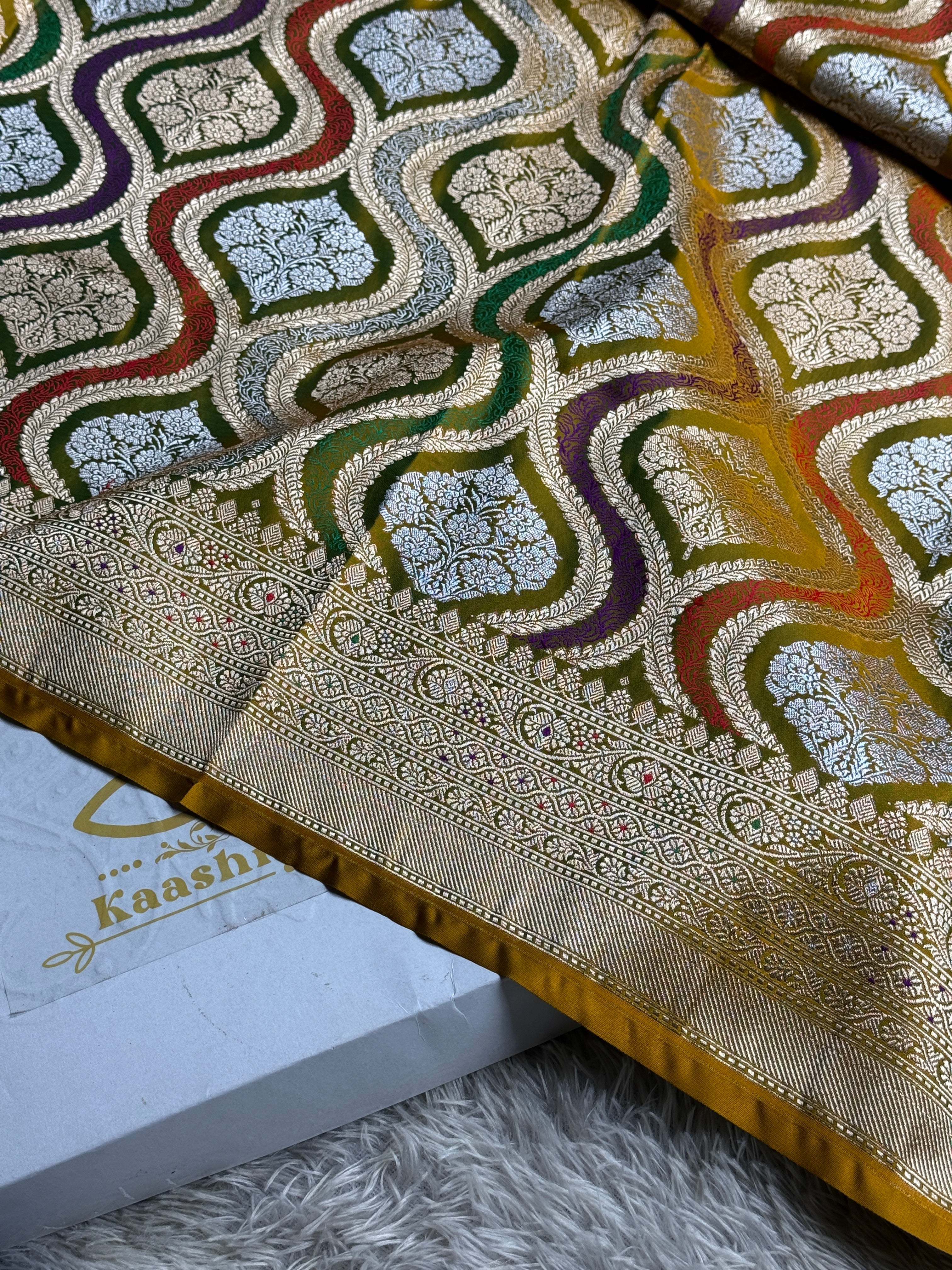 Mehndi Yellow Banarasi Mashru Silk Saree with Meena Jaal Woven Pattern – MKS307