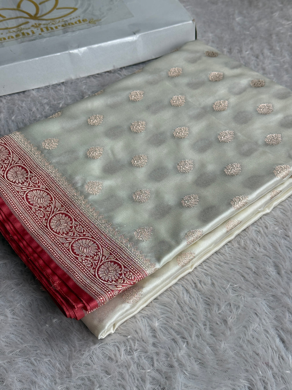 Cream with Pitch  Contrast Mashru Kataan Silk Saree with Buta Weaving & Rich Zari Pallu | MKS644