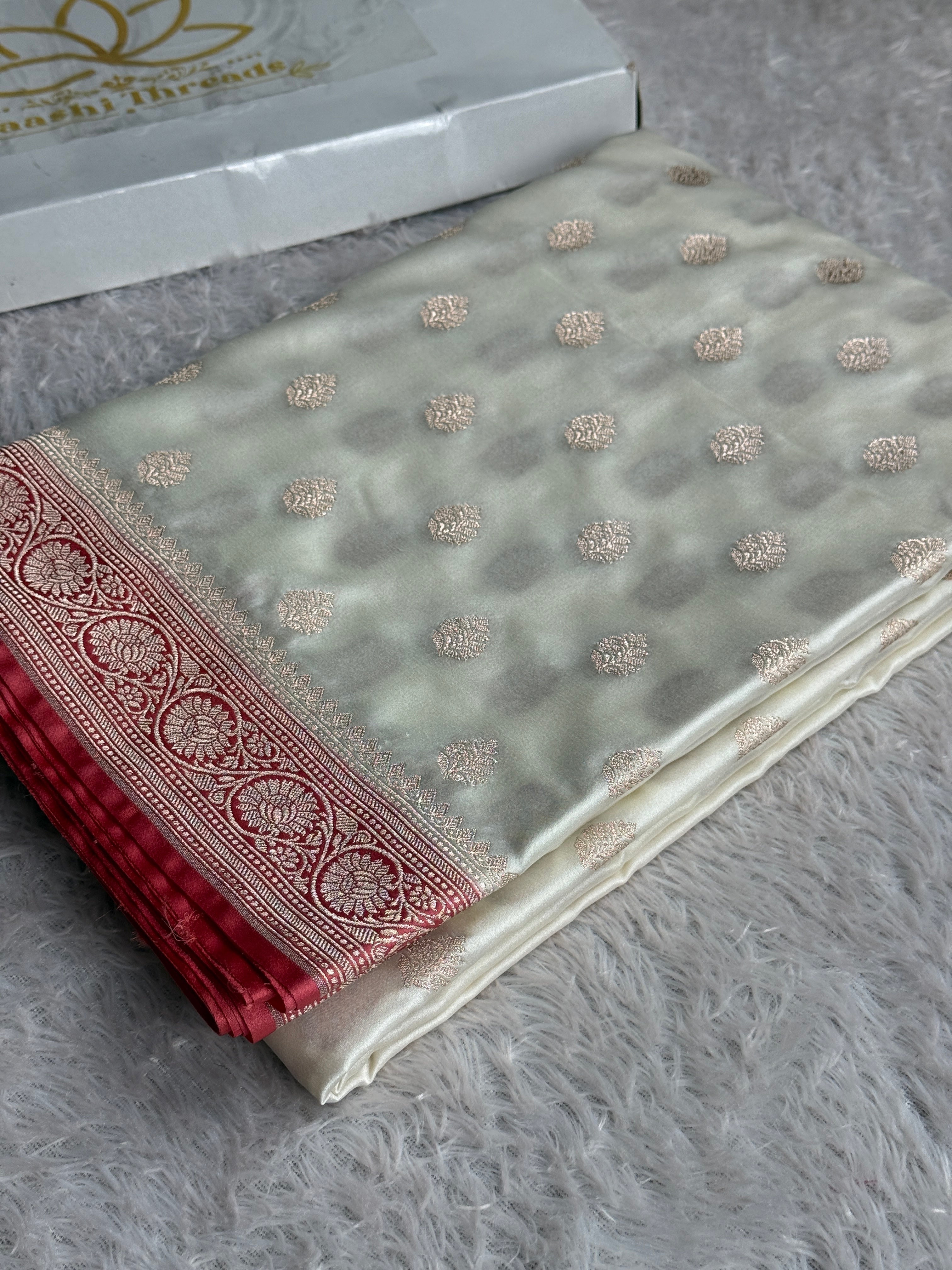 Cream with Pitch  Contrast Mashru Kataan Silk Saree with Buta Weaving & Rich Zari Pallu | MKS644