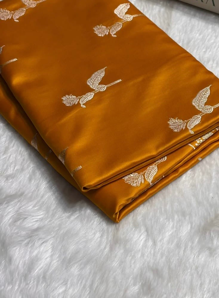 Banarasi Mashru Kataan Silk Saree Featuring Flower Buta Design with Ikkat Border and Zari Pallu – MKS409