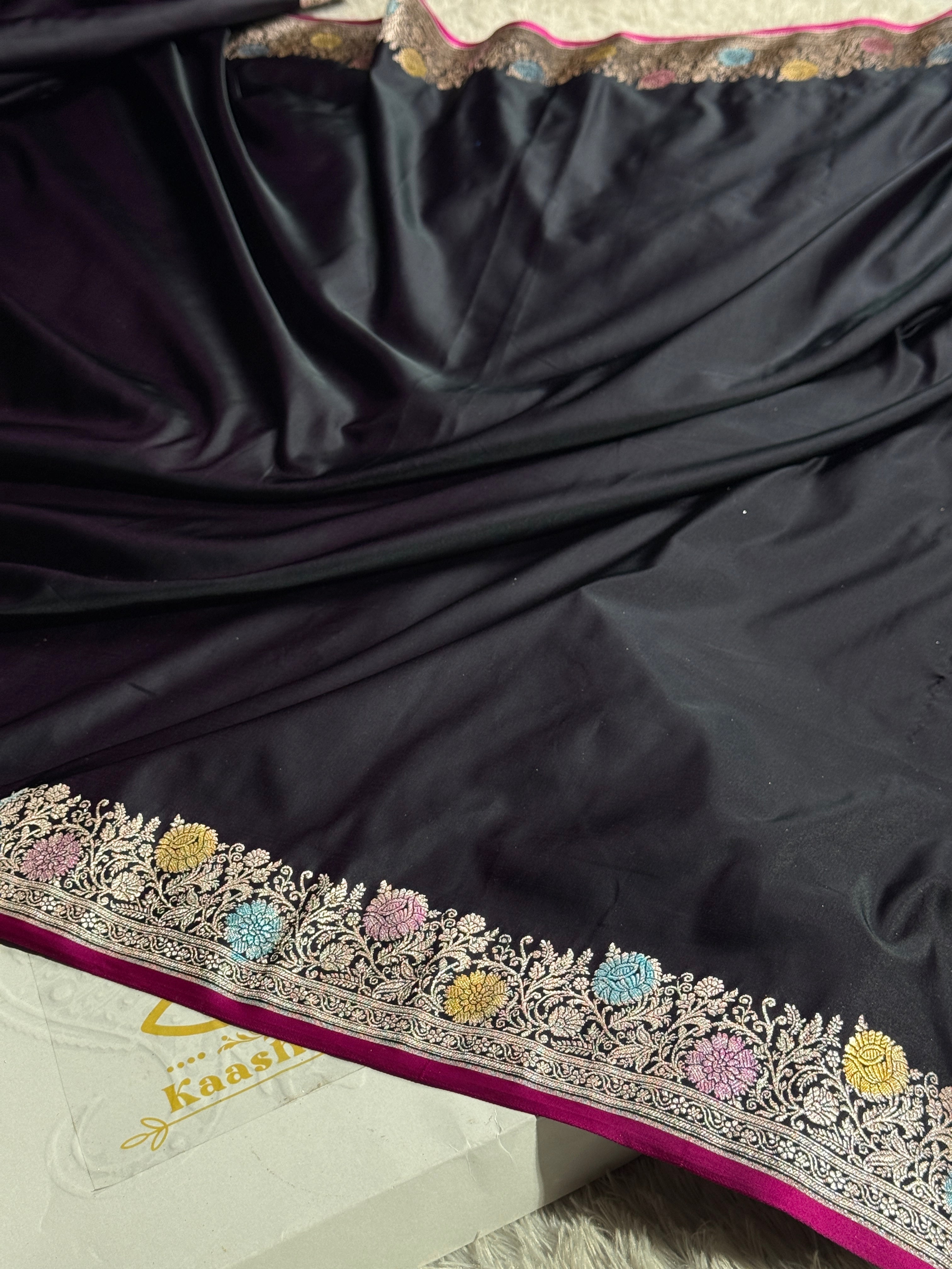 Black Premium Banarasi Mashru Silk Saree with Border & Pallu Meena Work MKS152