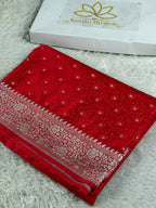 Red Mashru Kataan Silk Banarasi Saree with Tanchoi Zari Meenakari Weave & Rich Pallu | Kaashi Threads MKS509