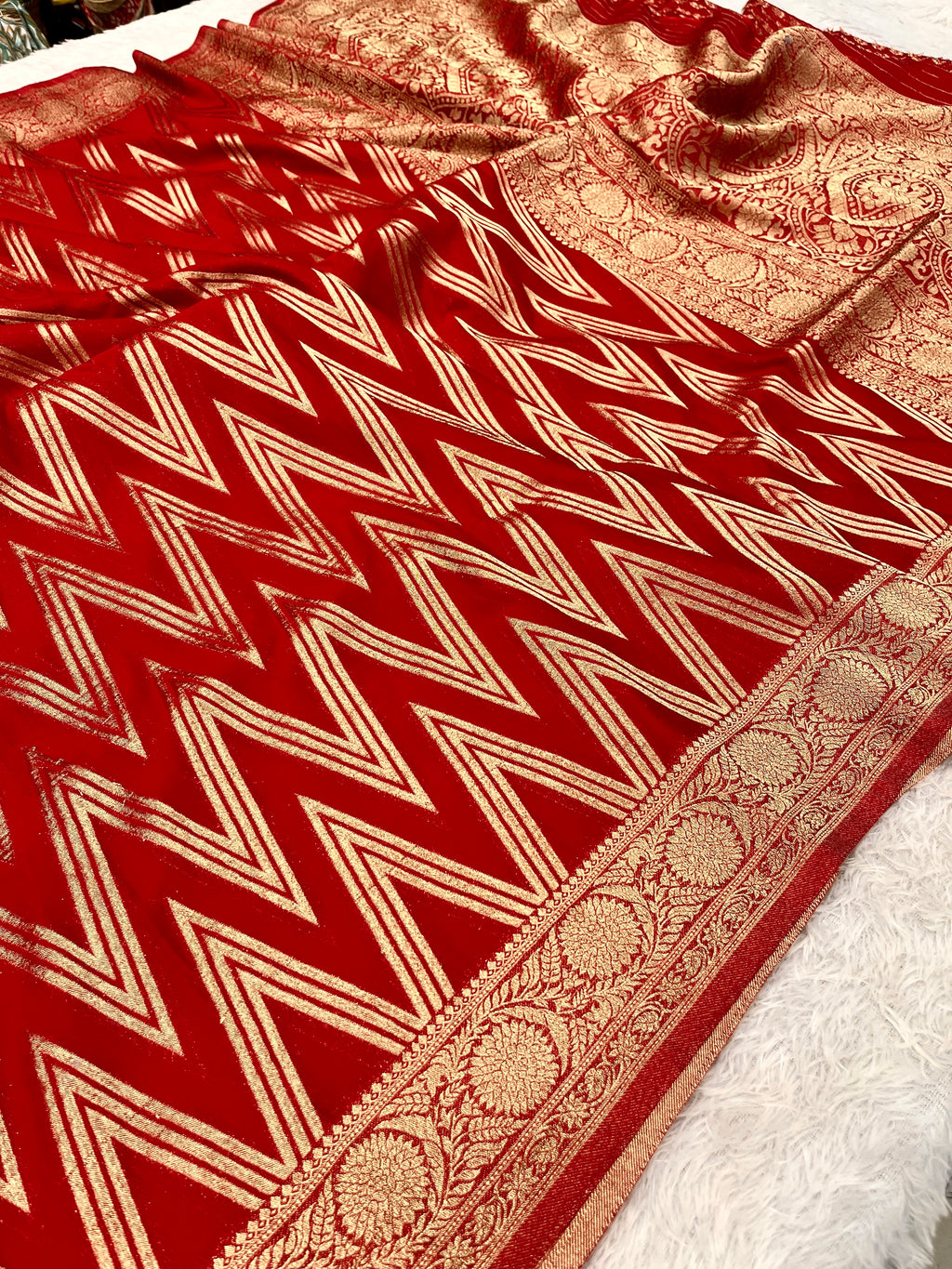 Chinon Silk Zig Zag Design Red Color Saree CN09