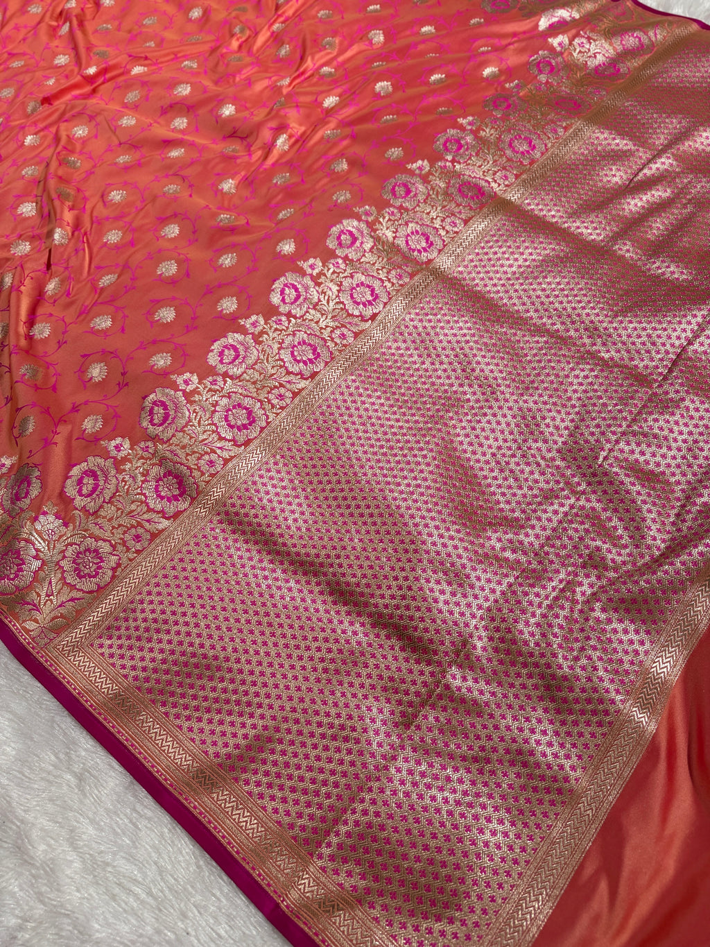 Peach Banarasi Mashru Kataan Silk Saree with Tanchoi Floral Weaving & Fancy Banarasi Border MKS102