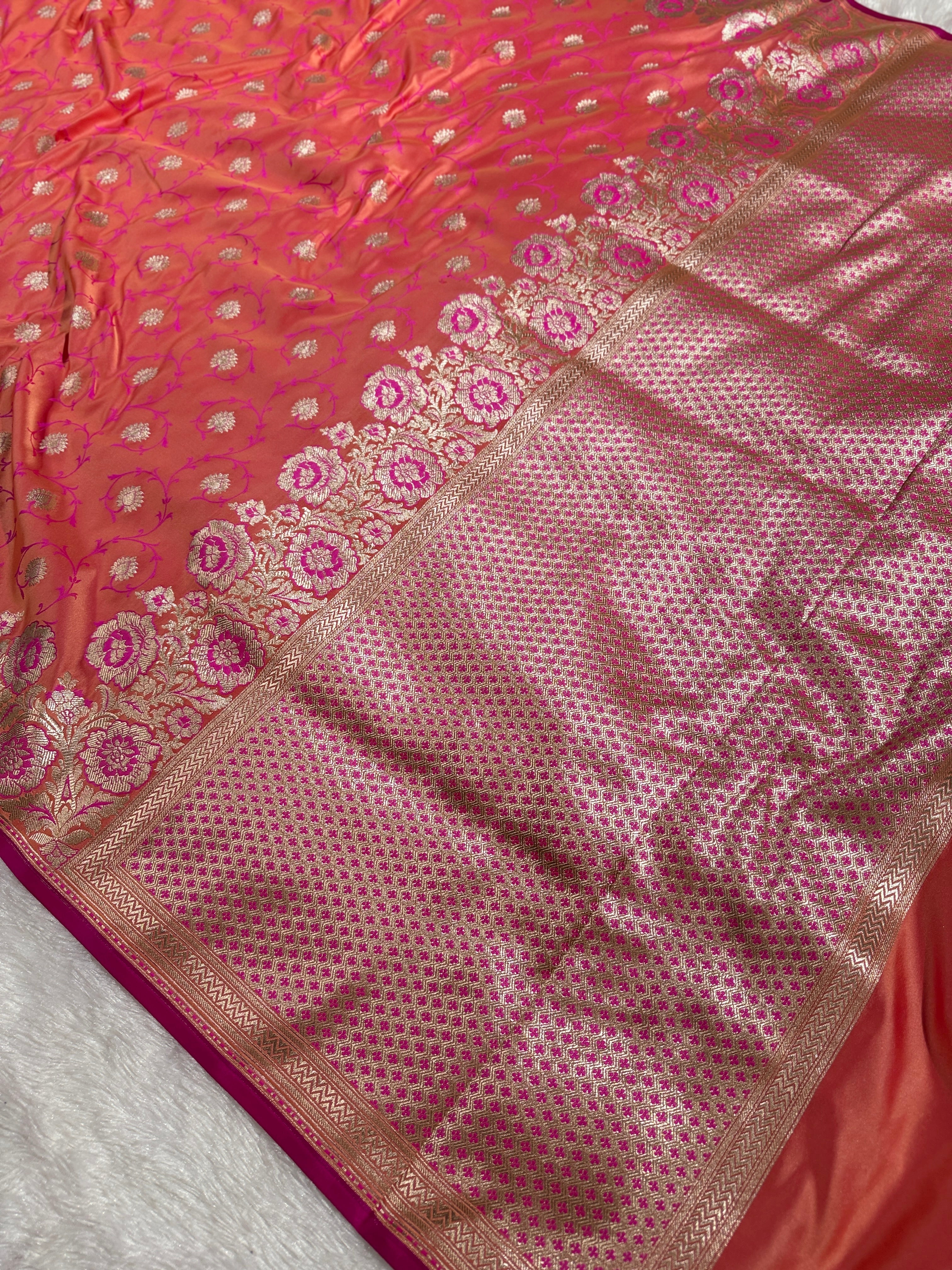 Peach Banarasi Mashru Kataan Silk Saree with Tanchoi Floral Weaving & Fancy Banarasi Border MKS102