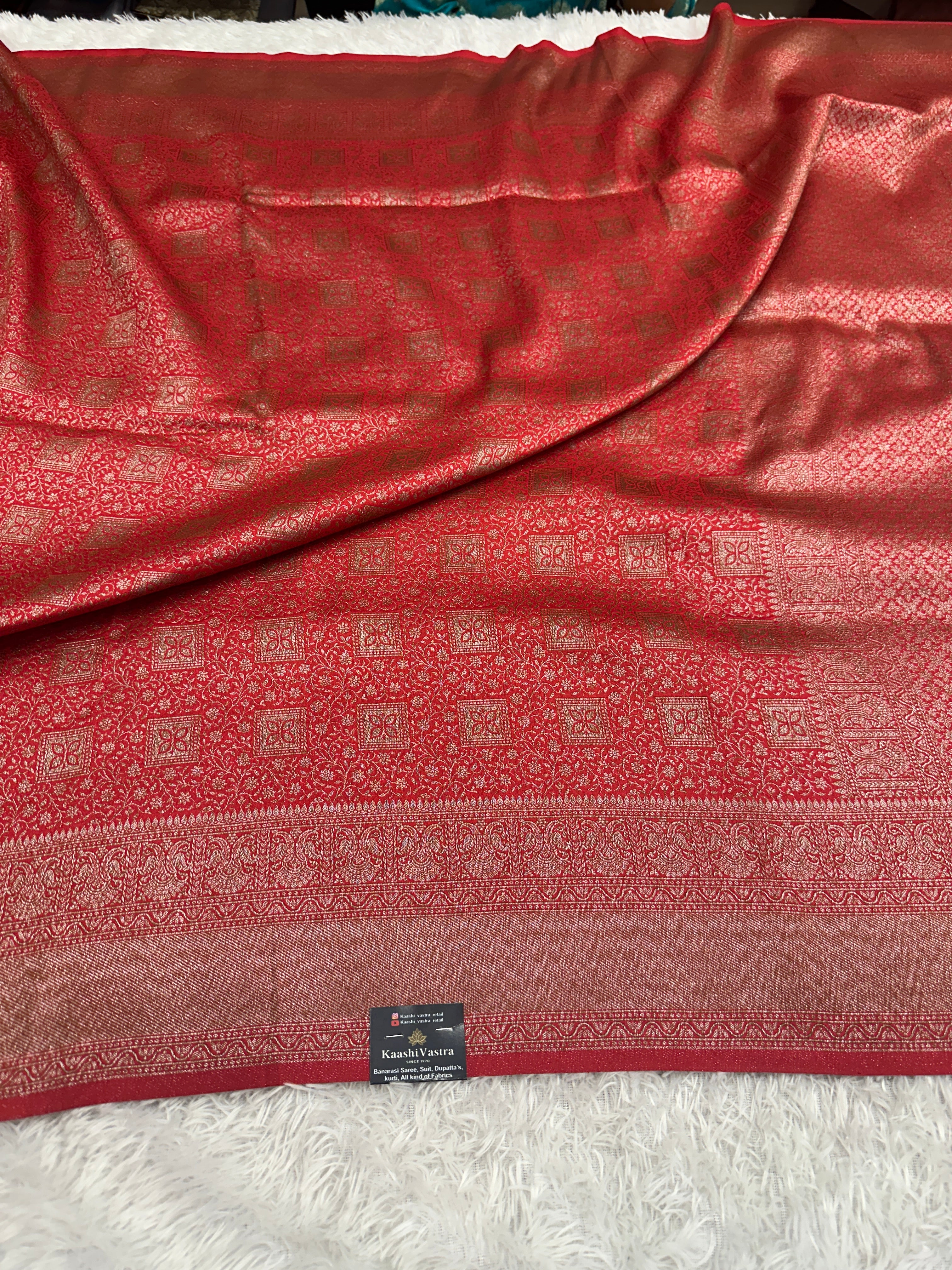 Red Banarasi Dupion Silk Saree with Embossed Antique Zari Weaving & Rich Antique Zari Pallu | STF107