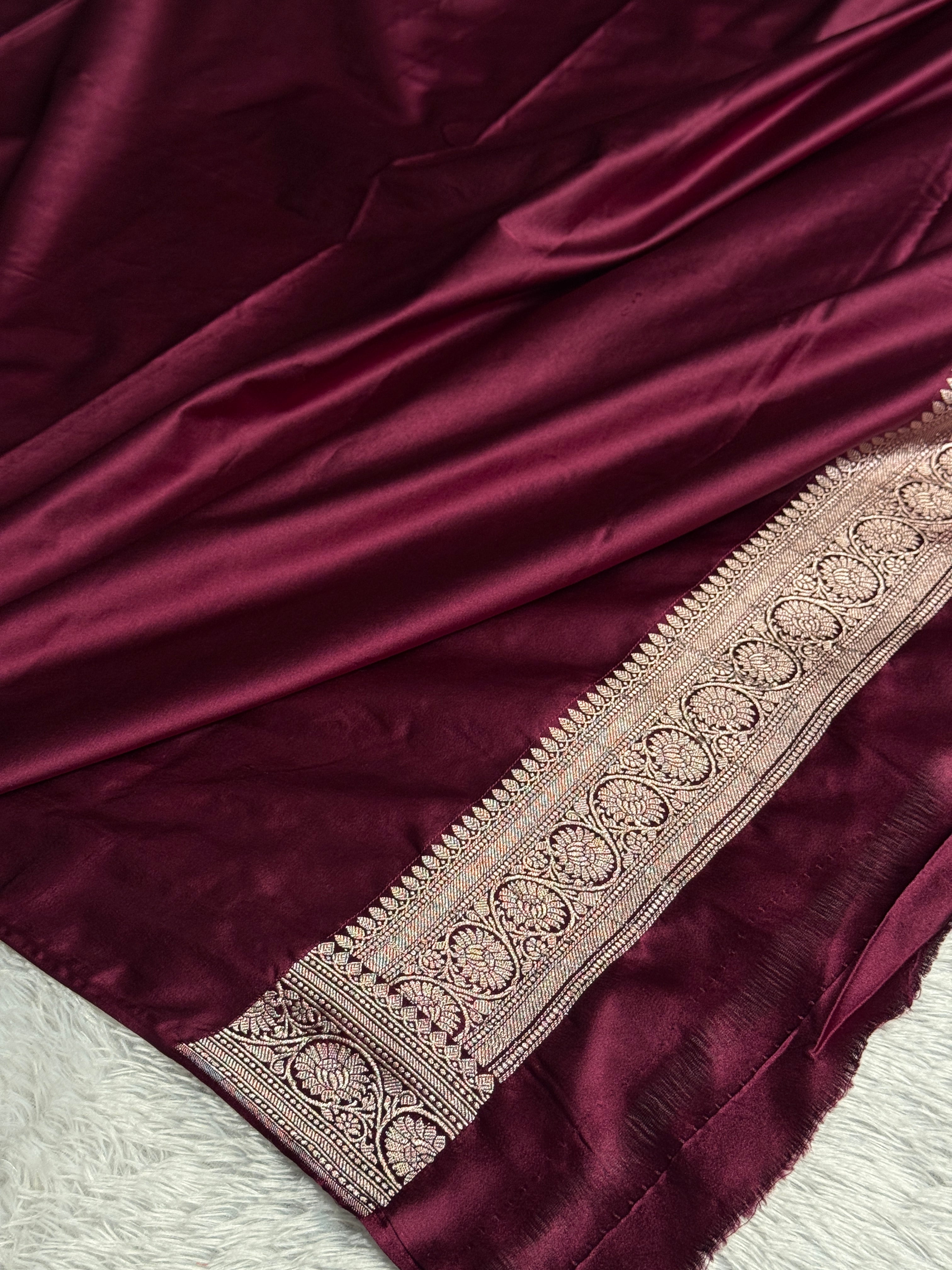 Cream & Wine Mashru Kataan Silk Saree with Buta Woven Design and Rich Zari Pallu | MKS644