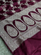 Wine Banarasi Mashru Silk Saree with All-Over Jaal Weaving & Scalloped Border – MKS216