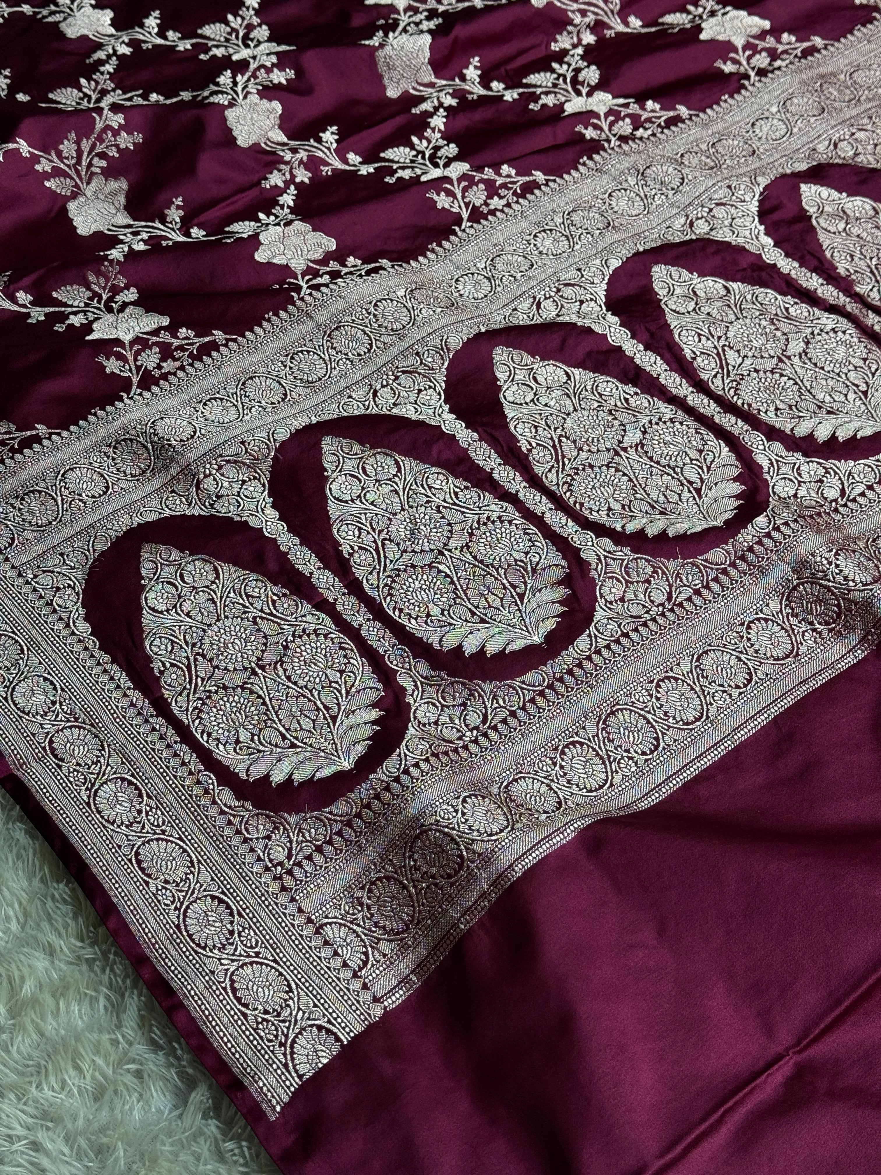 Wine Banarasi Mashru Silk Saree with All-Over Jaal Weaving & Scalloped Border – MKS216