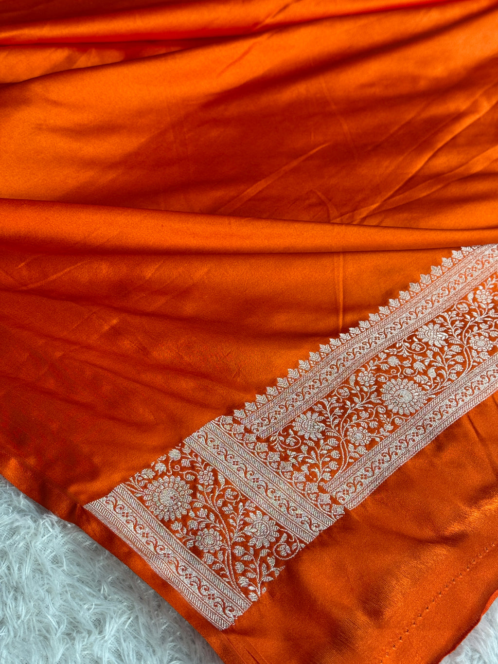 Orange Banarasi Mashru Kataan Silk Saree with Zari Woven Border | MKS711