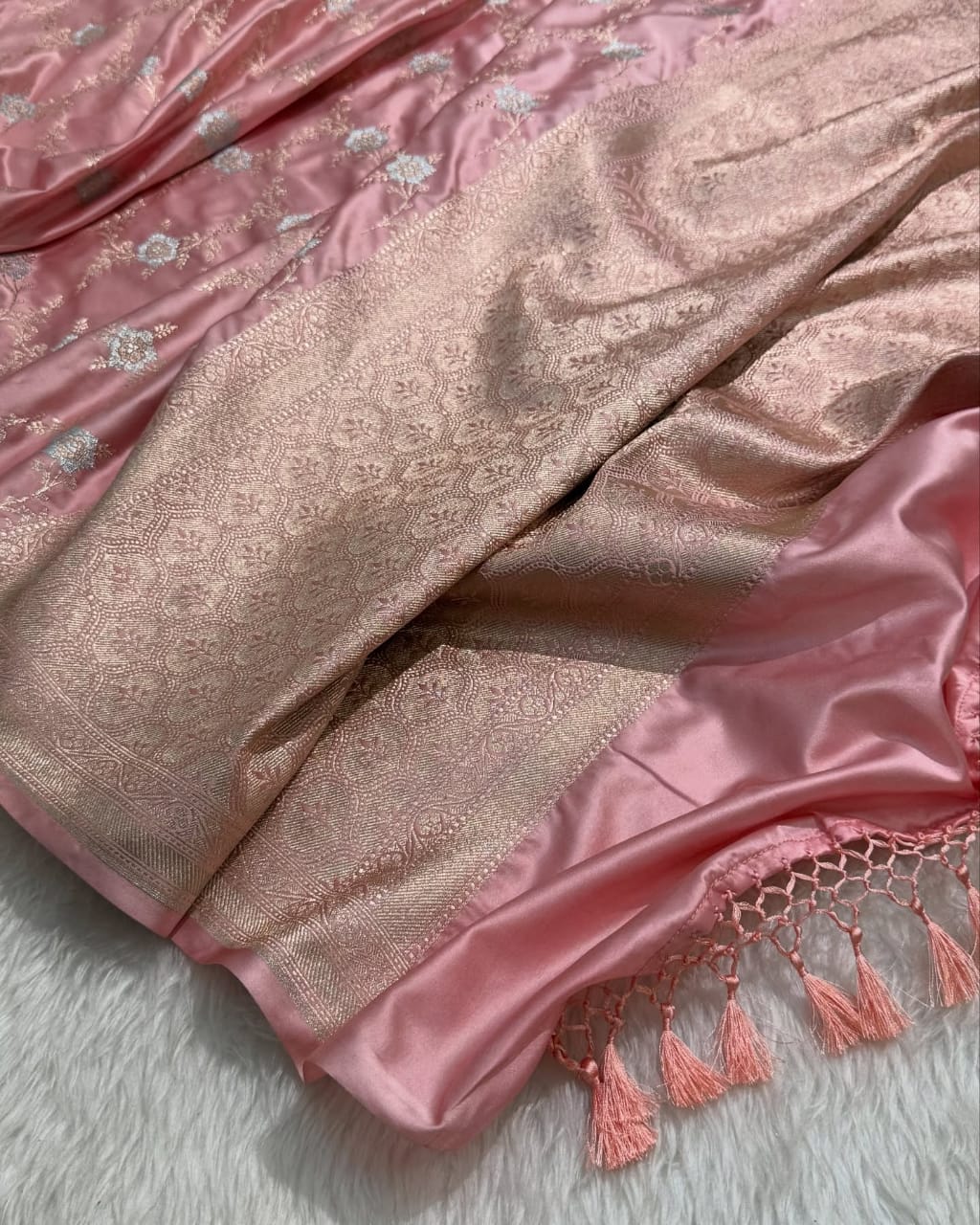Banarasi Mashru Kataan Silk Saree Featuring Jaal Weave with Silver Zari Meena Work & Rich Pallu – MKS414