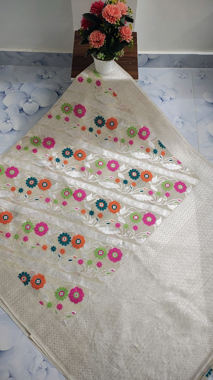 Pure Silk Tussar Banarasi Saree with All-over Meenakari Jaal Woven Pattern TSS12