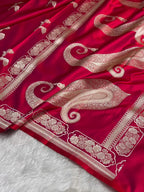 Banarasi Mashru Kataan Silk Saree Featuring Flower Buta Design with Ikkat Border and Zari Pallu – MKS409