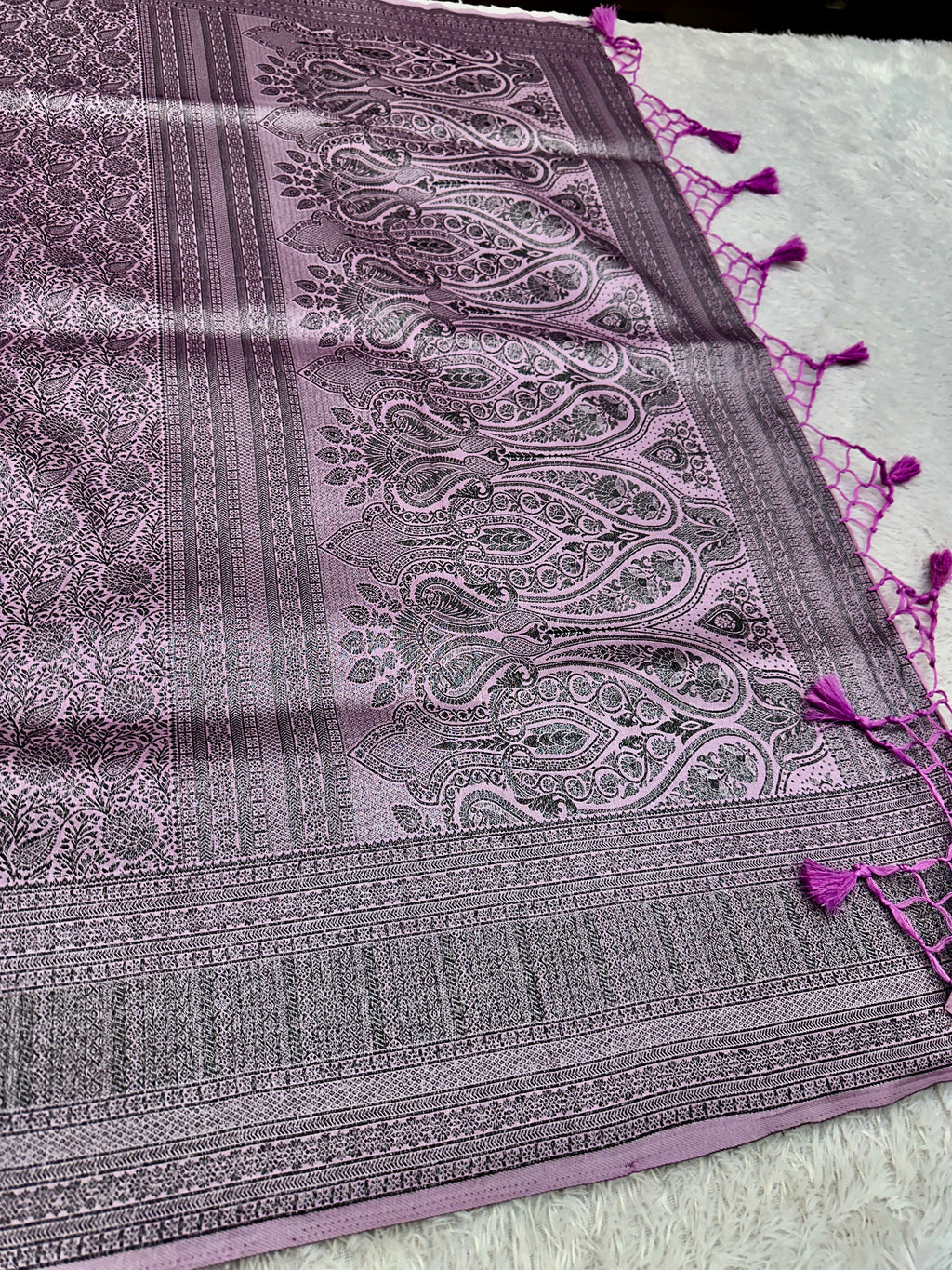 STF56 – Elegant Lavender Dupion Saree with Embossed Square Woven Designs