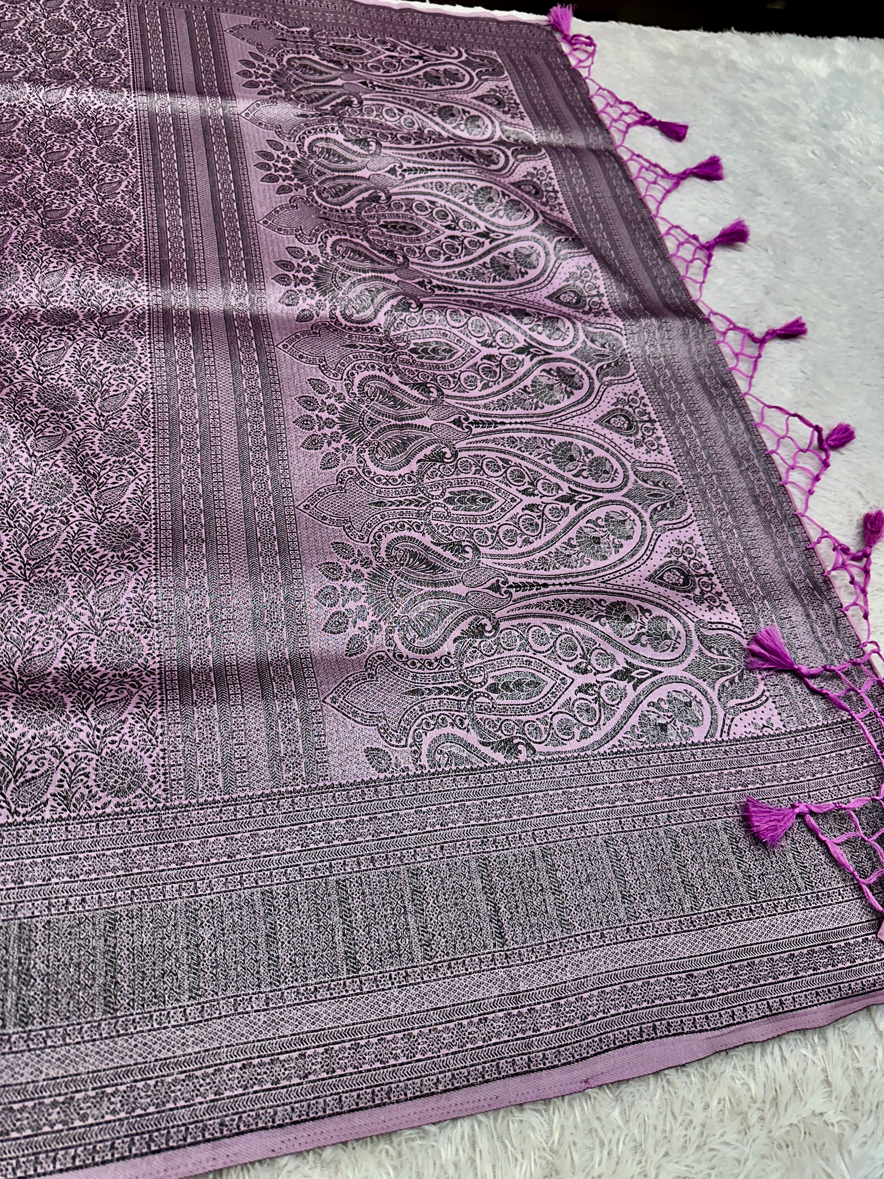 STF56 – Elegant Lavender Dupion Saree with Embossed Square Woven Designs