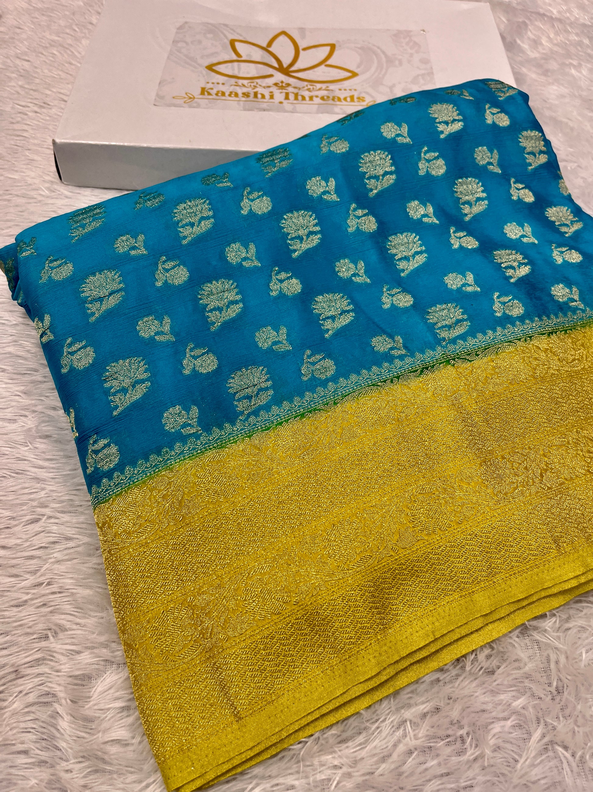 Chinon Silk Big small Buta  Design Sea blue Color Saree CN06