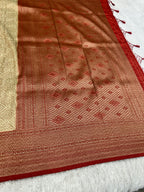 Cream & Red Banarasi Dupion Silk Saree with Embossed Antique Zari Weaving & Rich Antique Zari Pallu | STF68