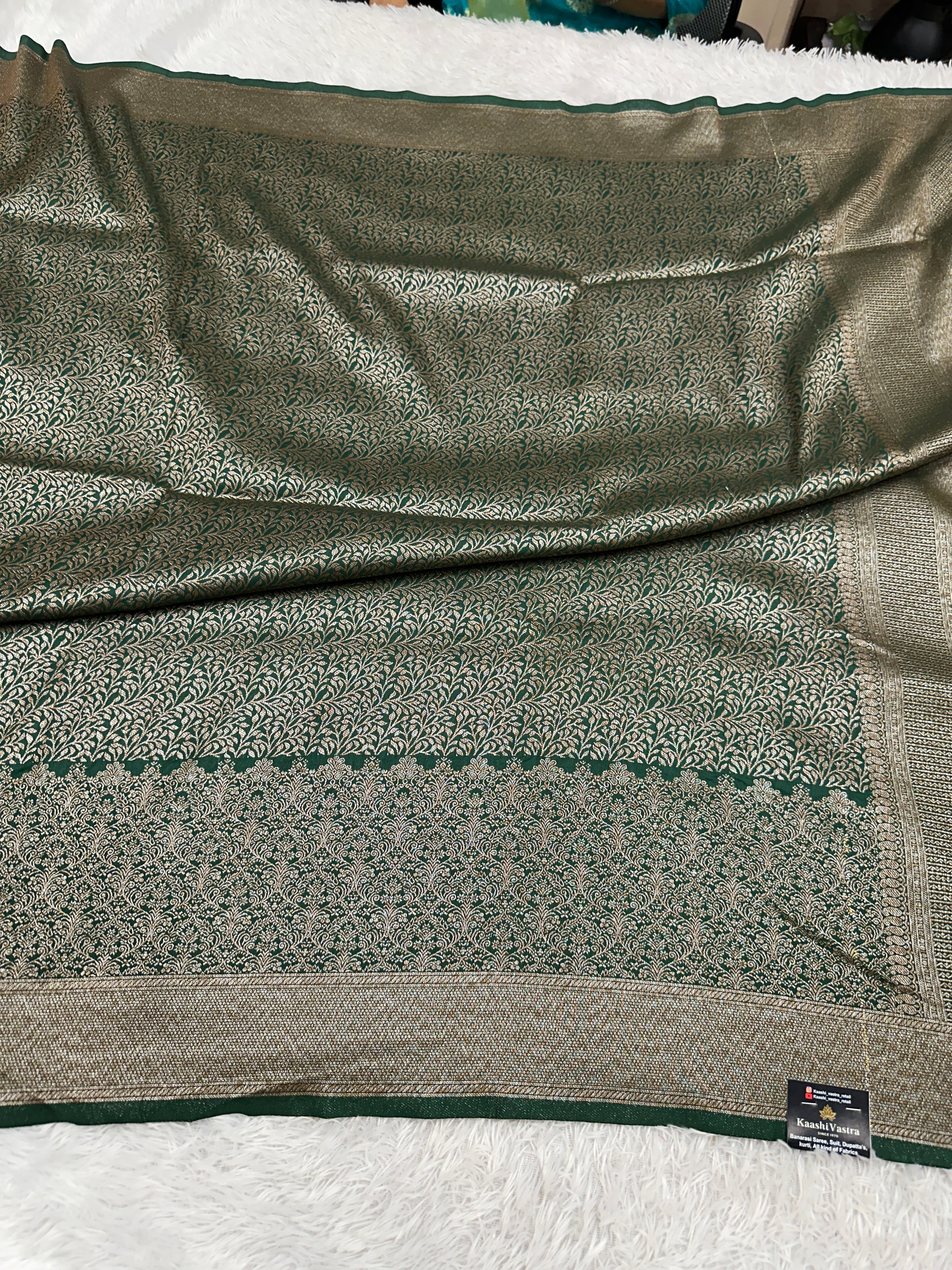 Bottle Green Banarasi Dupion Silk Saree with Embossed Antique Zari Weaving & Rich Antique Zari Pallu | STF98