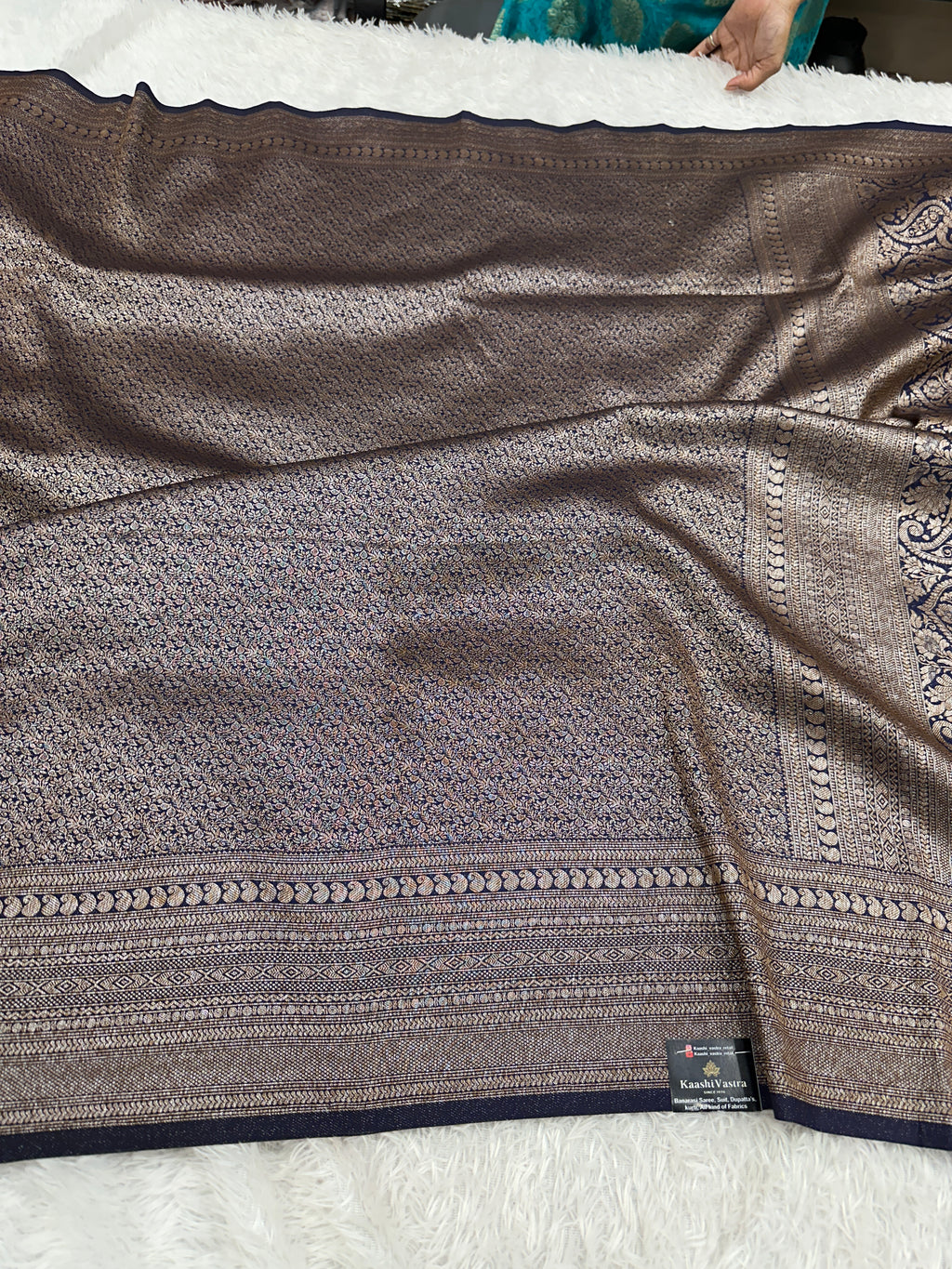 Navy blue Banarasi Dupion Silk Saree with Embossed Antique Zari Weaving & Rich Antique Zari Pallu | STF93