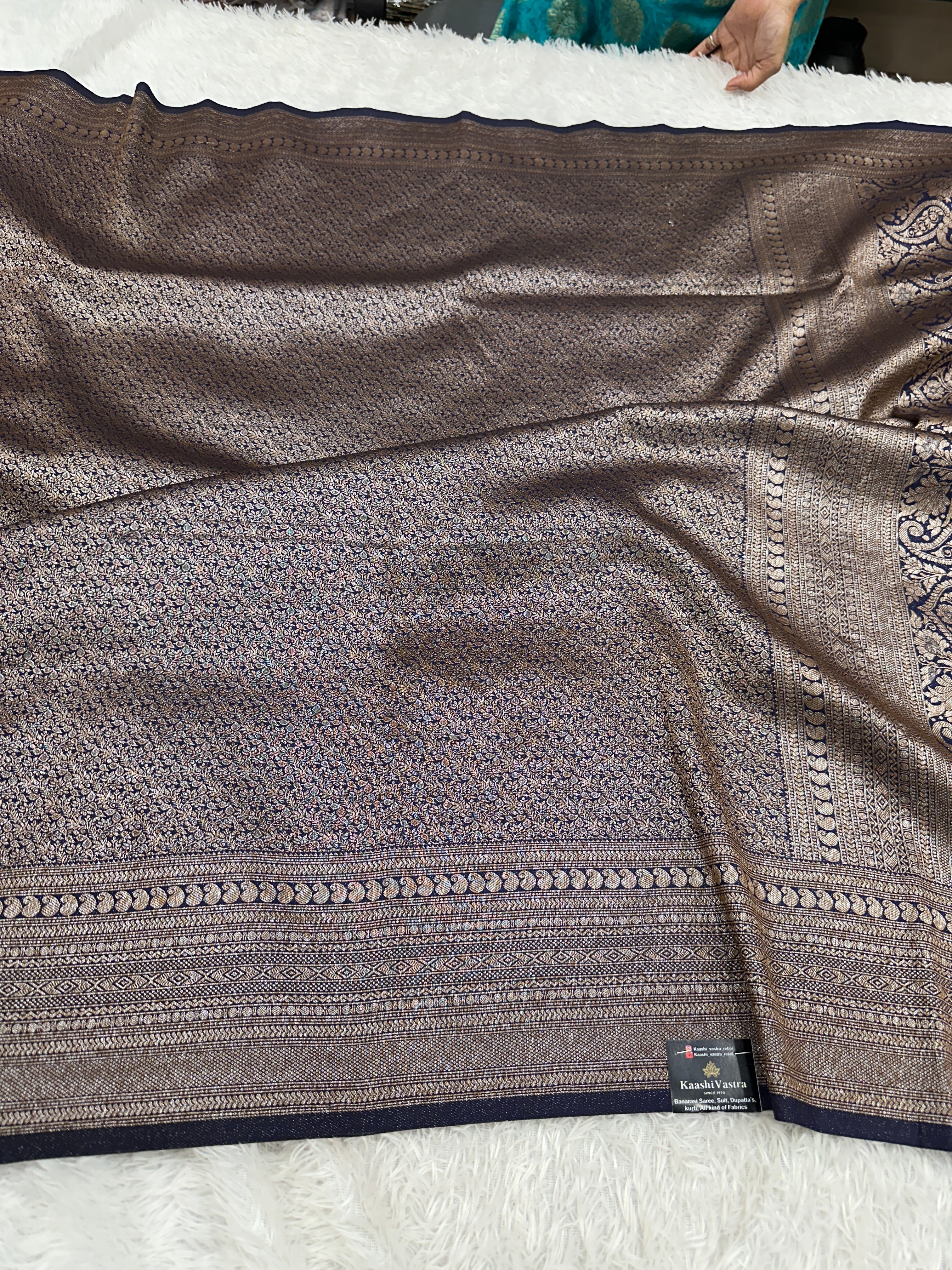 Navy blue Banarasi Dupion Silk Saree with Embossed Antique Zari Weaving & Rich Antique Zari Pallu | STF93